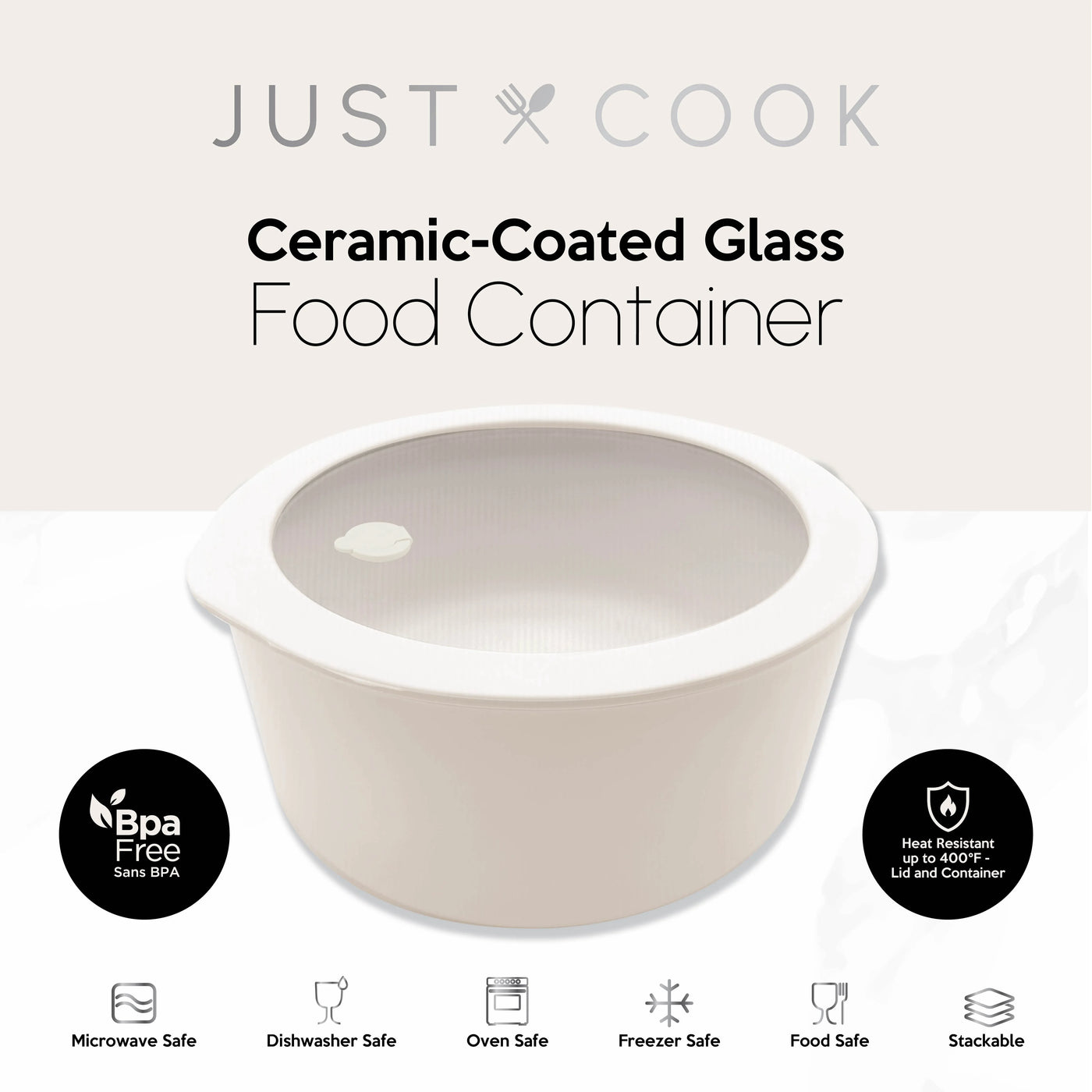 Just Cook Ceramic Glass 32.1 Oz or 4 Cups, Round Food Storage Container for Meal Prep and Lunches, Small