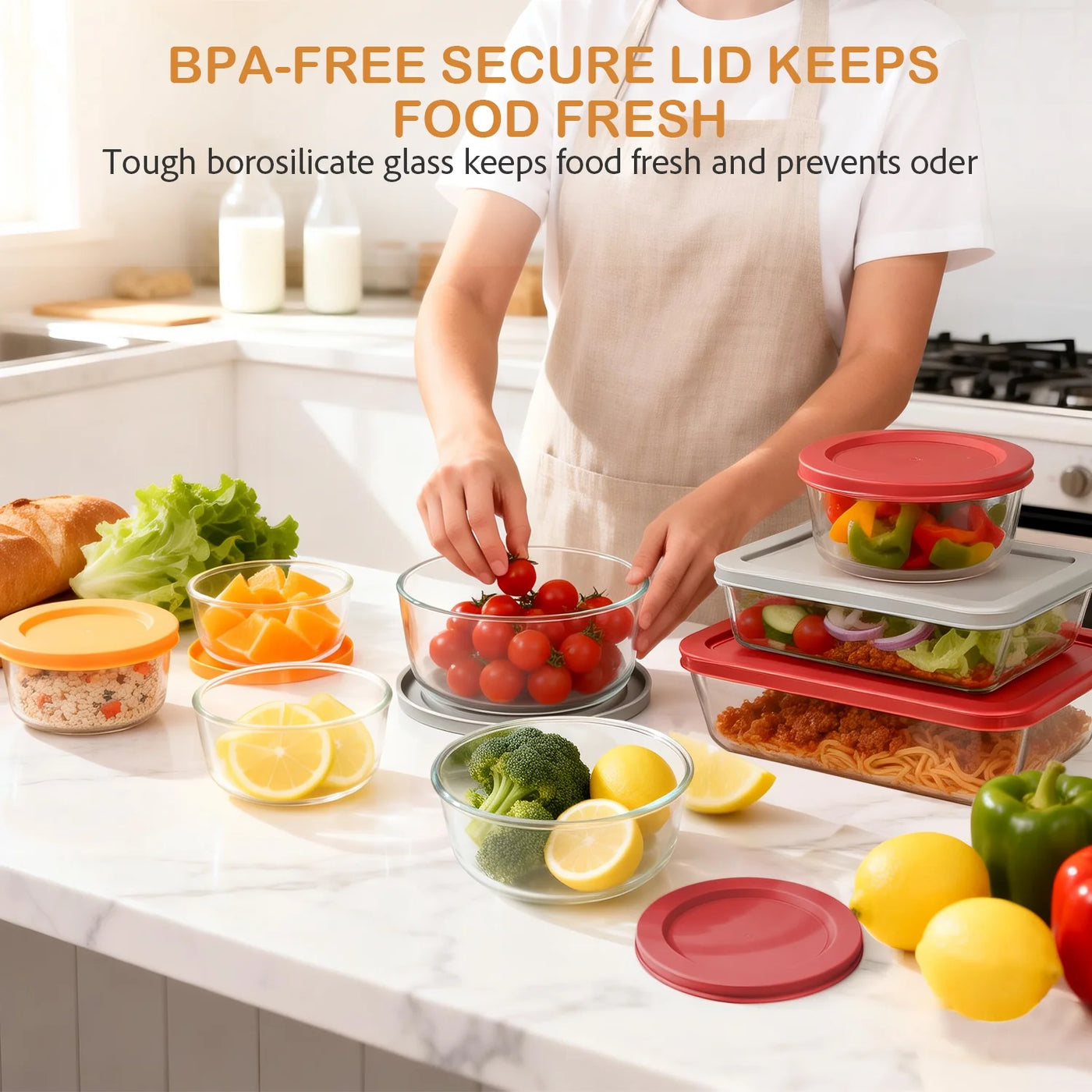 14-Piece Glass Food Storage Containers with Lids (7 Containers and 7 Lids), Stackable Meal Prep Lunch Boxes and Bowls, BPA-FREE Lids