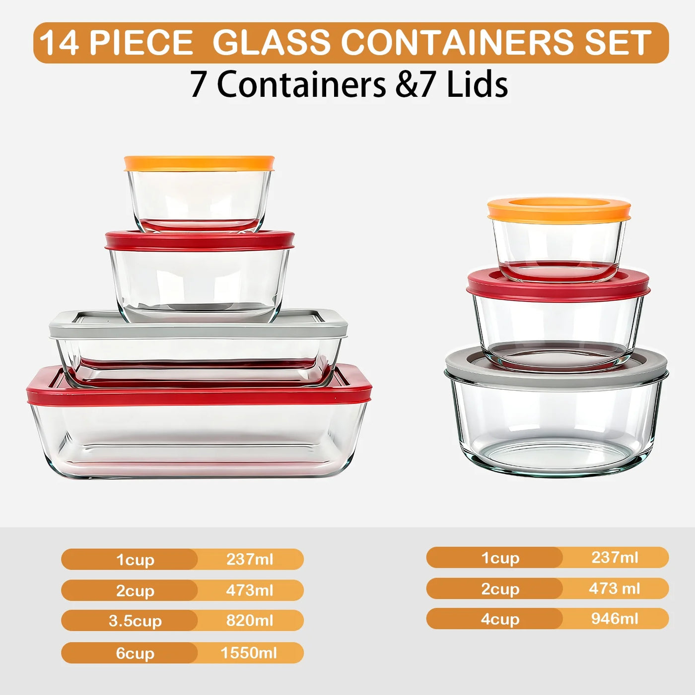 14-Piece Glass Food Storage Containers with Lids (7 Containers and 7 Lids), Stackable Meal Prep Lunch Boxes and Bowls, BPA-FREE Lids