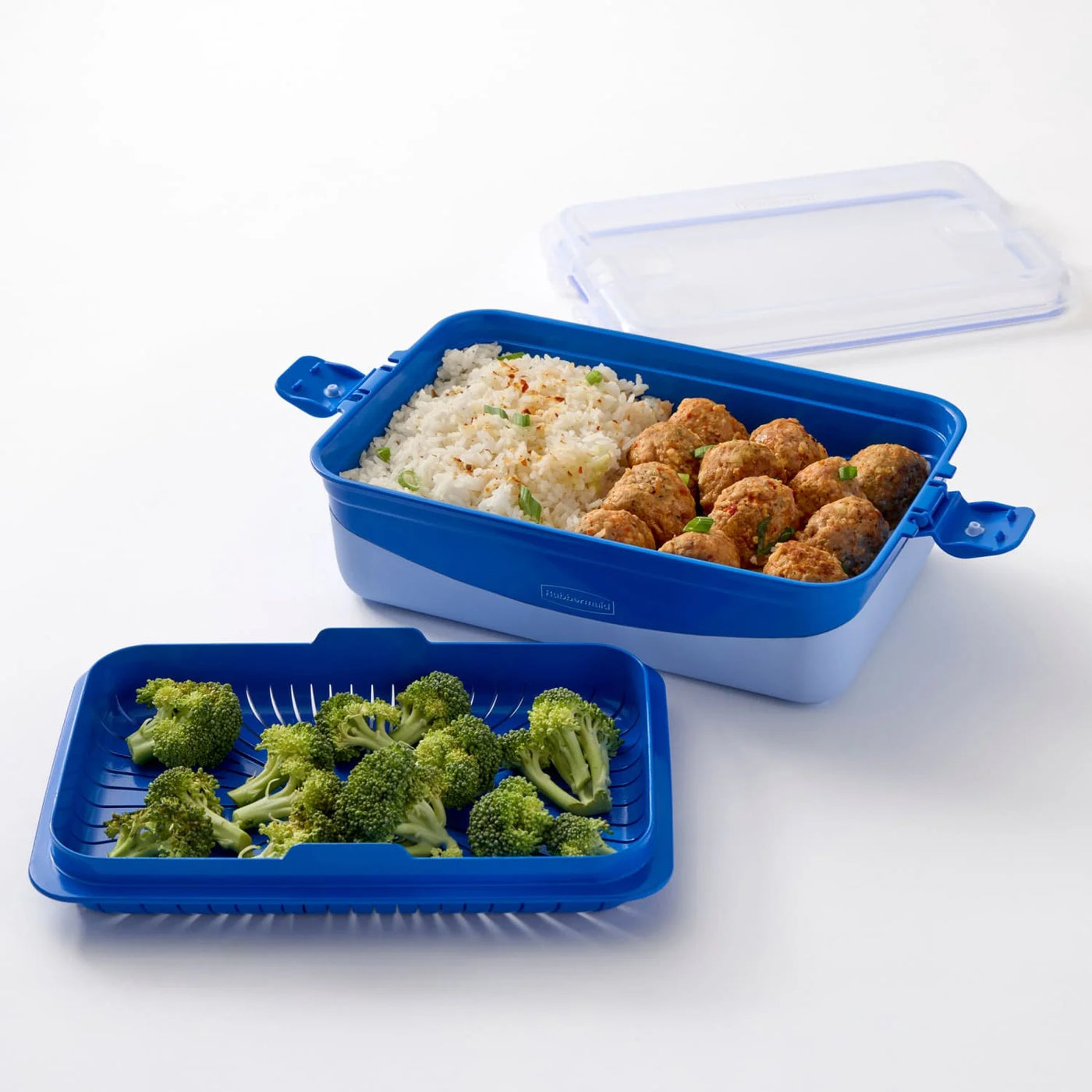 Rubbermaid Pack and Go 2.45 L Rectangle Microwaveable Container with Steamer Tray, 100% Leakproof Meal Prep Container