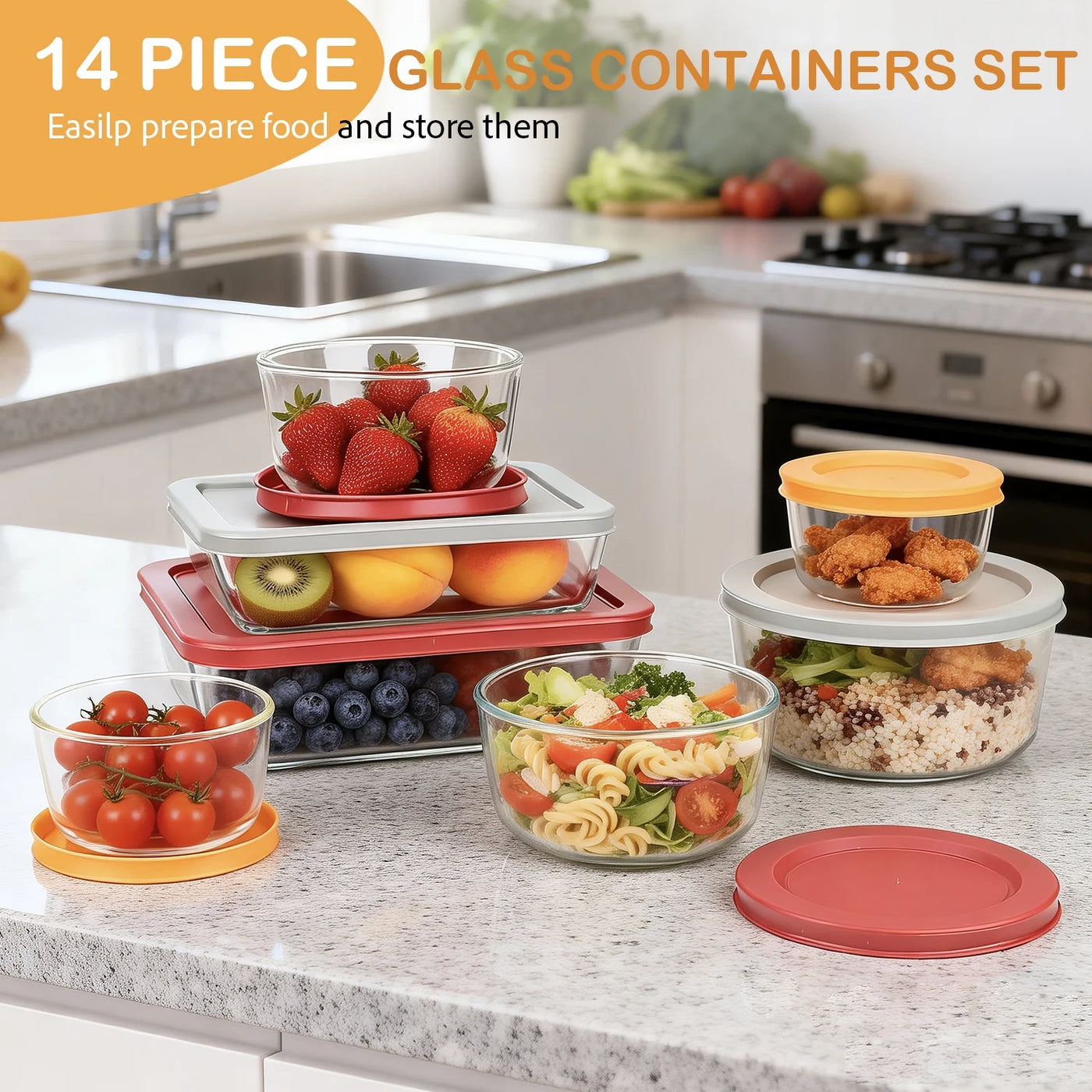 14-Piece Glass Food Storage Containers with Lids (7 Containers and 7 Lids), Stackable Meal Prep Lunch Boxes and Bowls, BPA-FREE Lids
