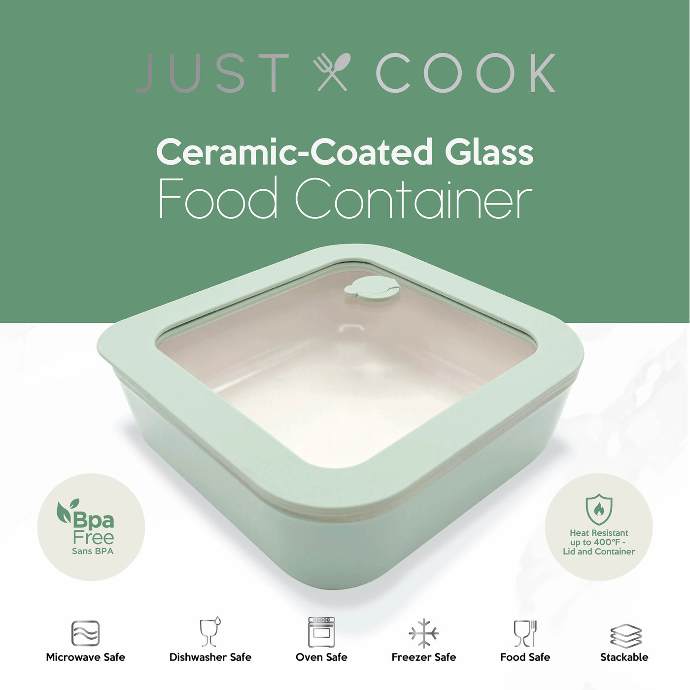 Just Cook Ceramic Glass 2.5-Cup Square Food Storage Container for Meal Prep and Leftovers, Small, for Pantry Organization