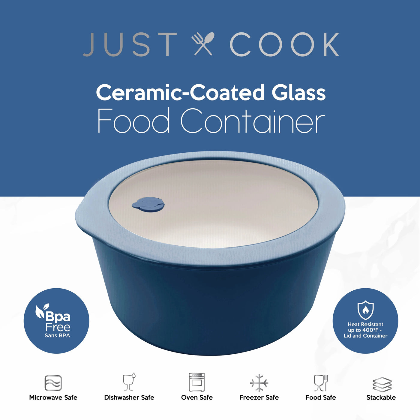 Just Cook Ceramic Glass 7-Cup Round Food Storage Container for Meal Prep and Lunches, Large, for Pantry Organization, Meal Prep and Dry Food Storage