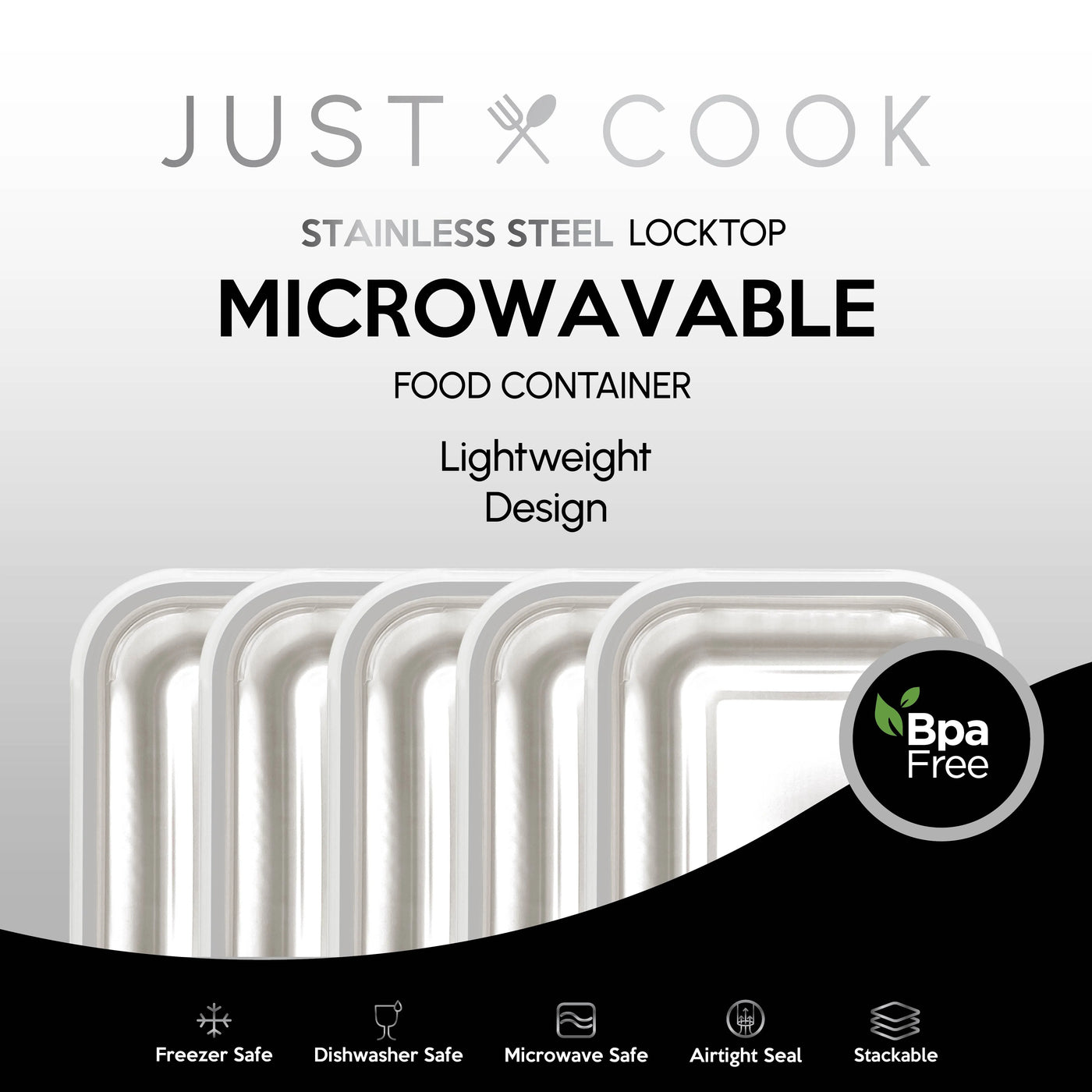 Just Cook Stainless Steel Food Storage Container Set for Meal Prep and Batch Cooking, 10-Pack, for Pantry Organization, Meal Prep and Dry Food Storage