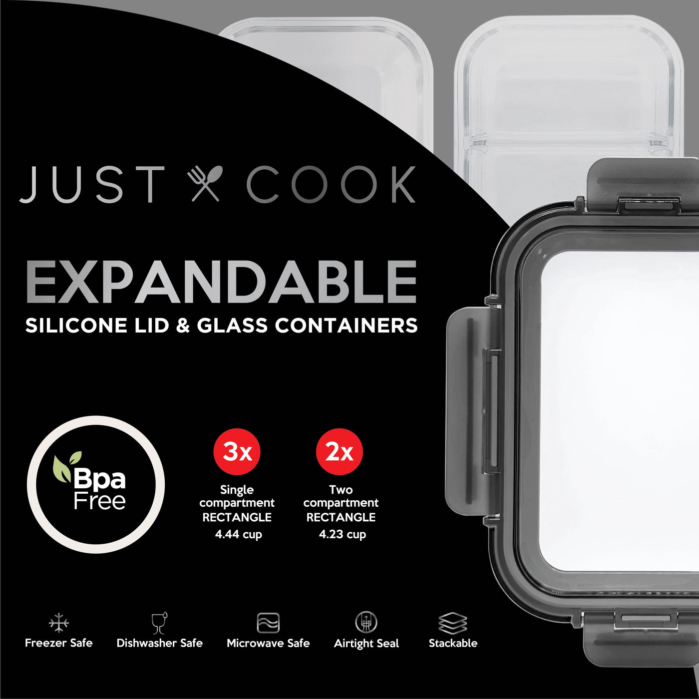 Just Cook Glass Food Storage Container Set with Expandable Lids for Meal Prep, 10-Pack, for Pantry Organization, Meal Prep and Dry Food Storage