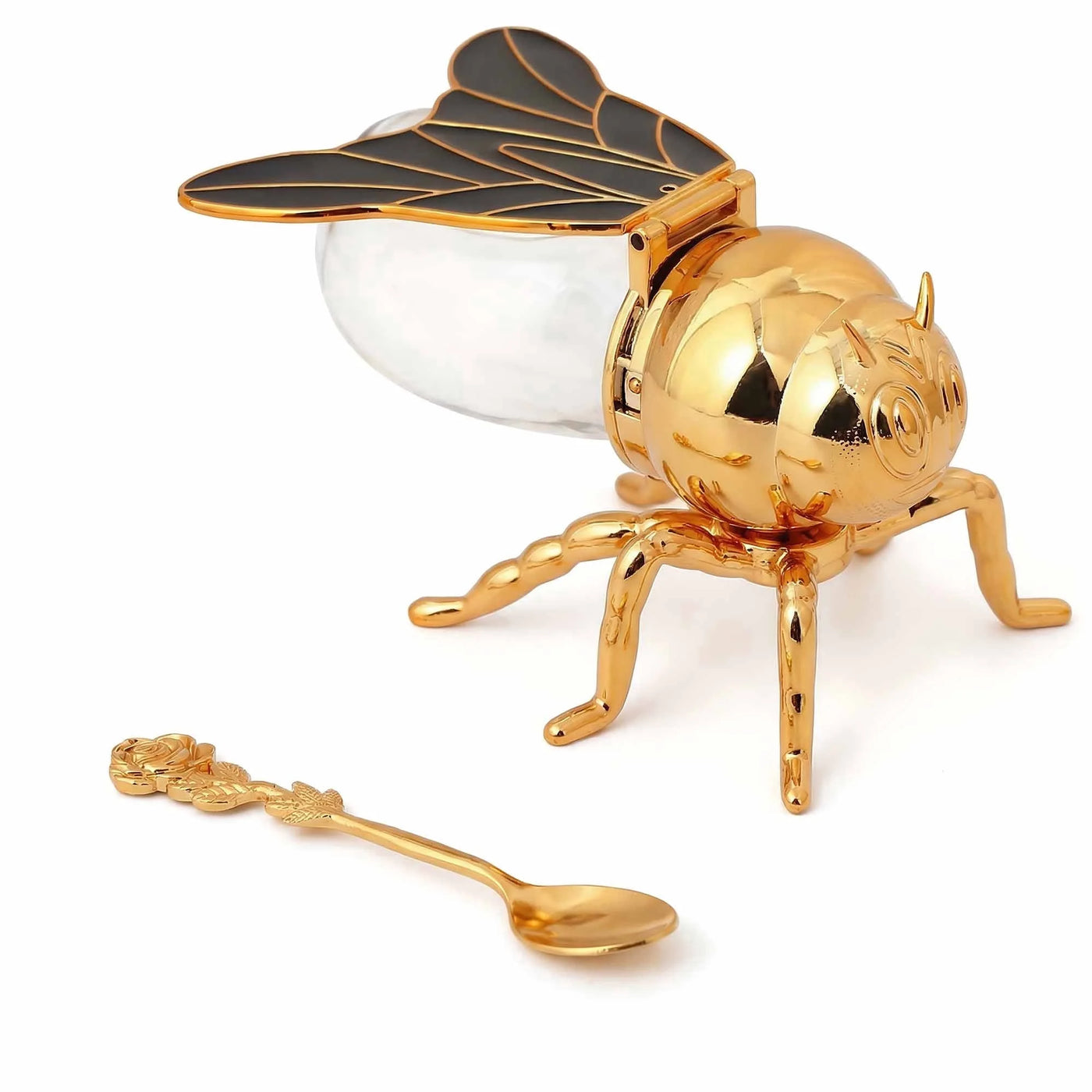 Glass Honey Jar with Plastic Bee Dispenser, Gold Lid and Spoon for Tabletop, for Cooking, Mixing, Serving and Nonstick Cookware
