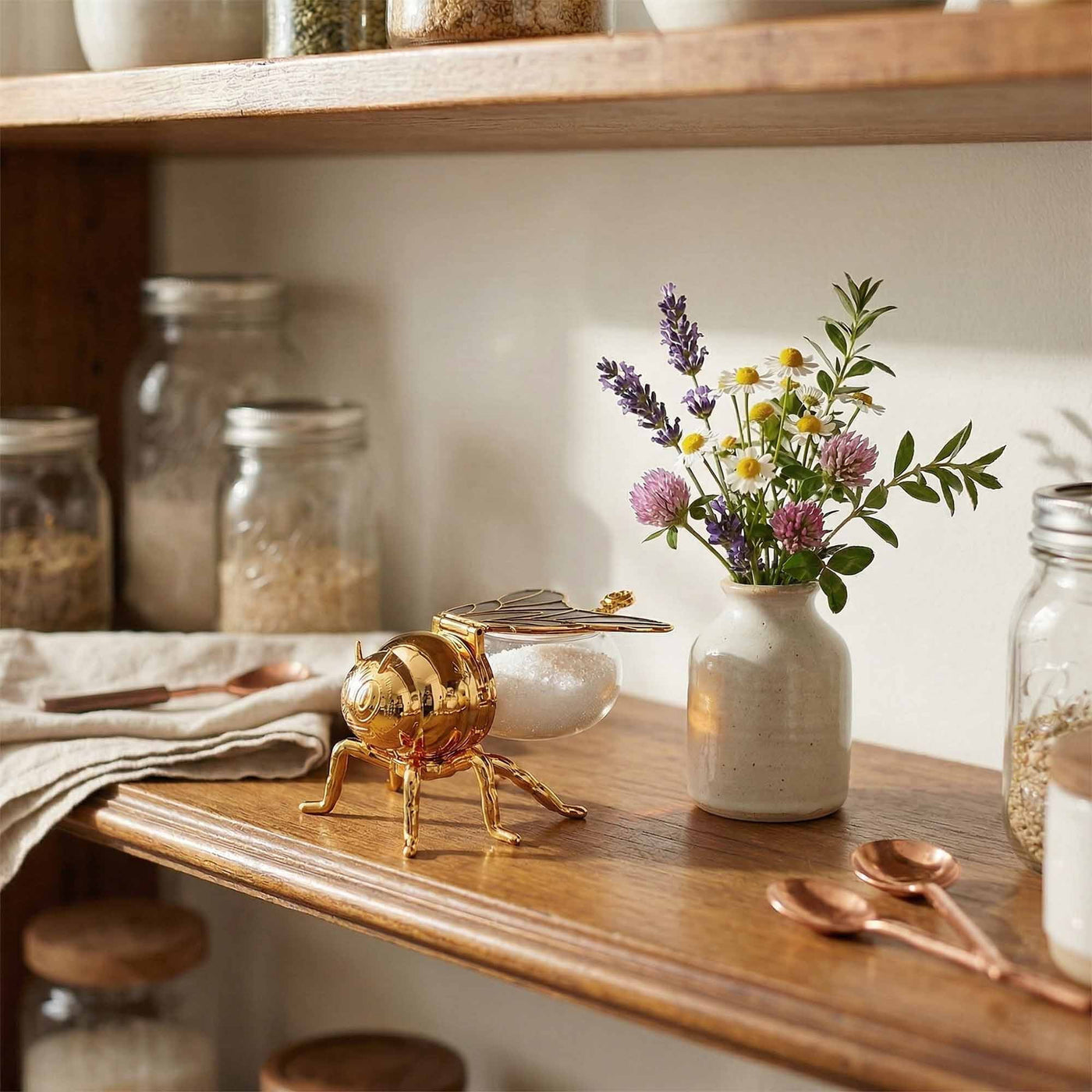 Glass Honey Jar with Plastic Bee Dispenser, Gold Lid and Spoon for Tabletop, for Cooking, Mixing, Serving and Nonstick Cookware