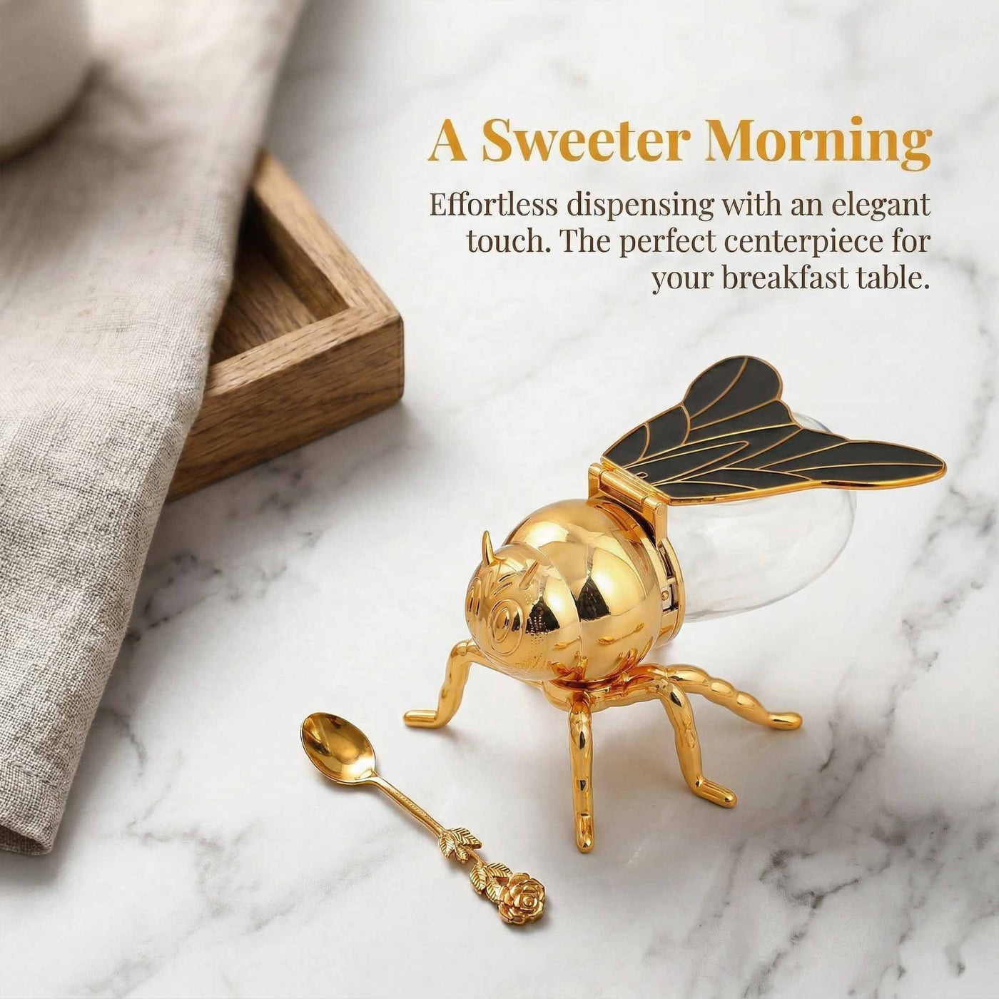 Glass Honey Jar with Plastic Bee Dispenser, Gold Lid and Spoon for Tabletop, for Cooking, Mixing, Serving and Nonstick Cookware