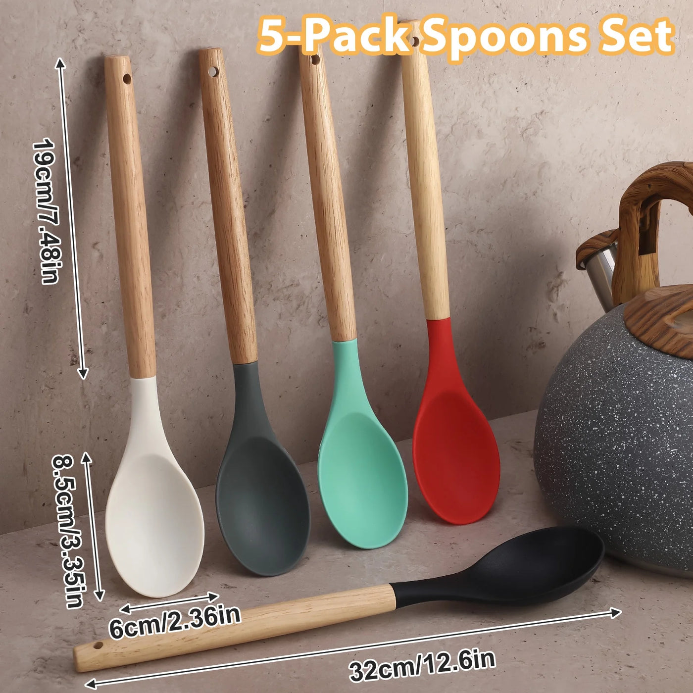 5-Pack Silicone Nonstick Stirring Spoon, 12" Rubber Spoon Wooden Handle Spoons for Baking Cooking and Mixing, Kitchen Serving Spoons