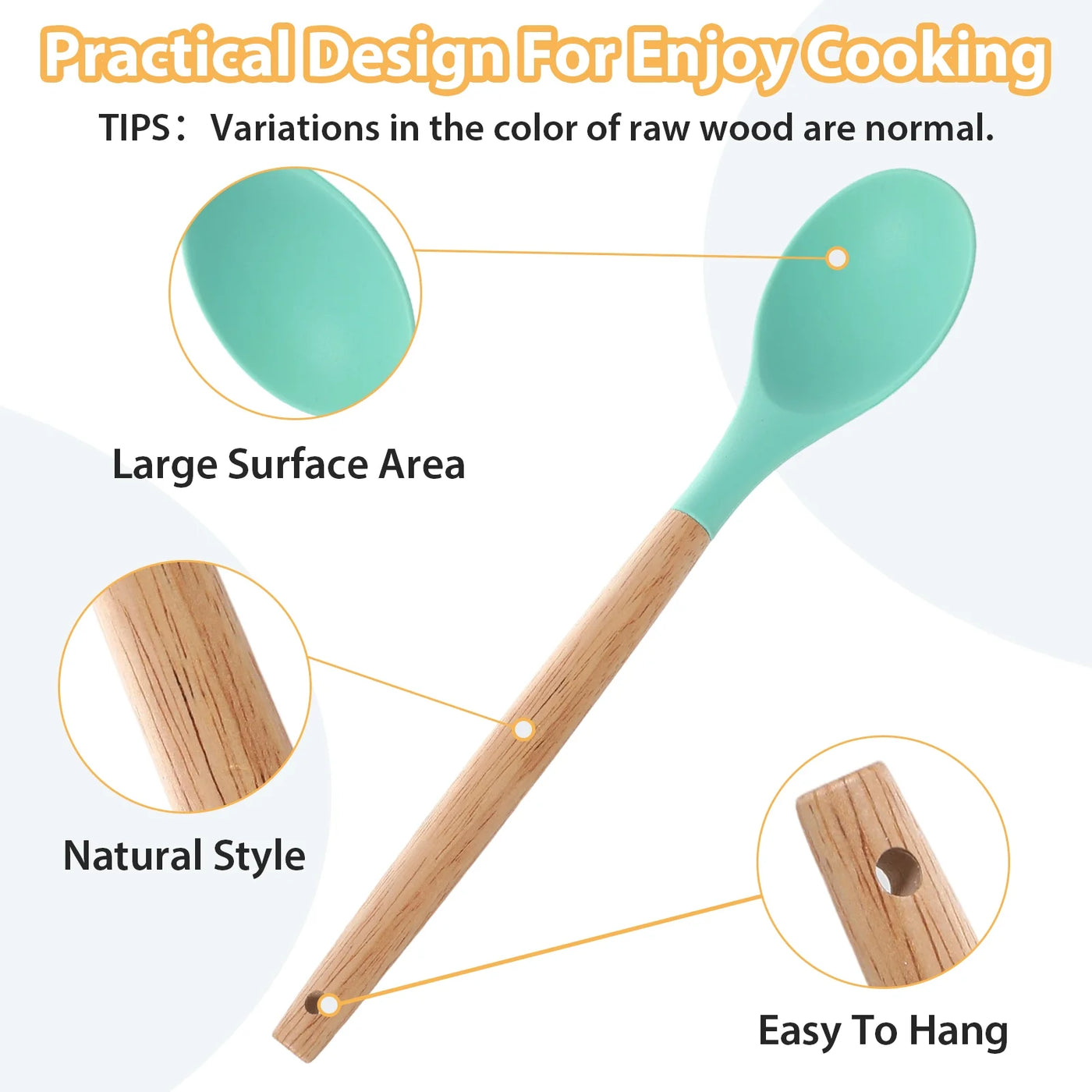 5-Pack Silicone Nonstick Stirring Spoon, 12" Rubber Spoon Wooden Handle Spoons for Baking Cooking and Mixing, Kitchen Serving Spoons