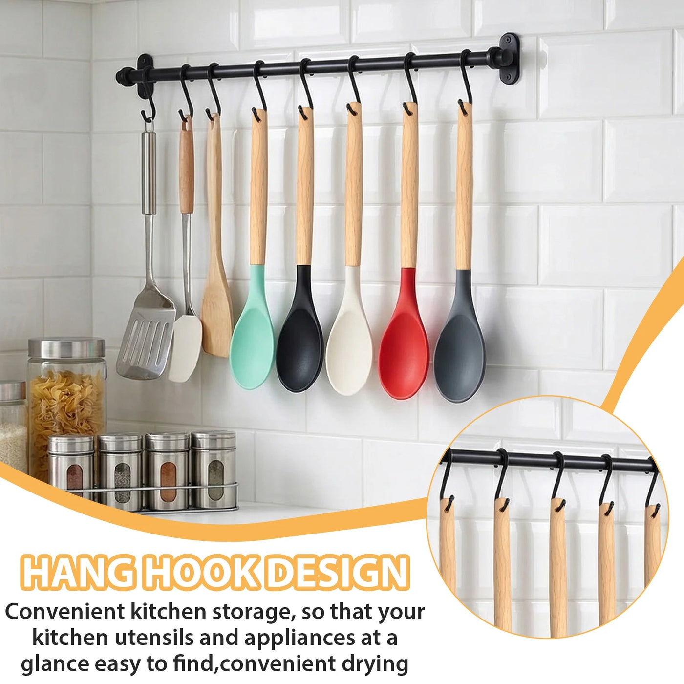 5-Pack Silicone Nonstick Stirring Spoon, 12" Rubber Spoon Wooden Handle Spoons for Baking Cooking and Mixing, Kitchen Serving Spoons