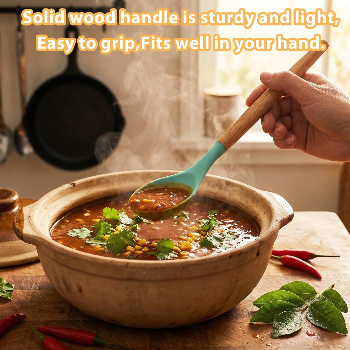 5-Pack Silicone Nonstick Stirring Spoon, 12" Rubber Spoon Wooden Handle Spoons for Baking Cooking and Mixing, Kitchen Serving Spoons