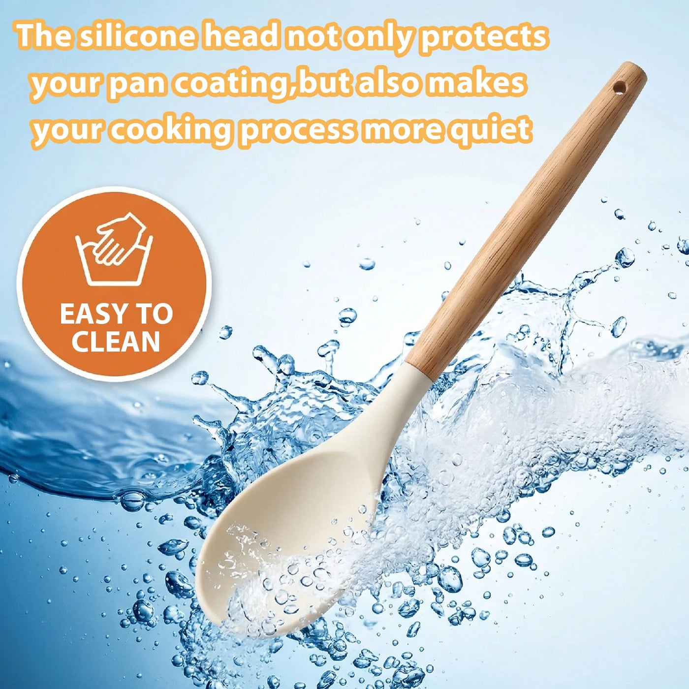 5-Pack Silicone Nonstick Stirring Spoon, 12" Rubber Spoon Wooden Handle Spoons for Baking Cooking and Mixing, Kitchen Serving Spoons