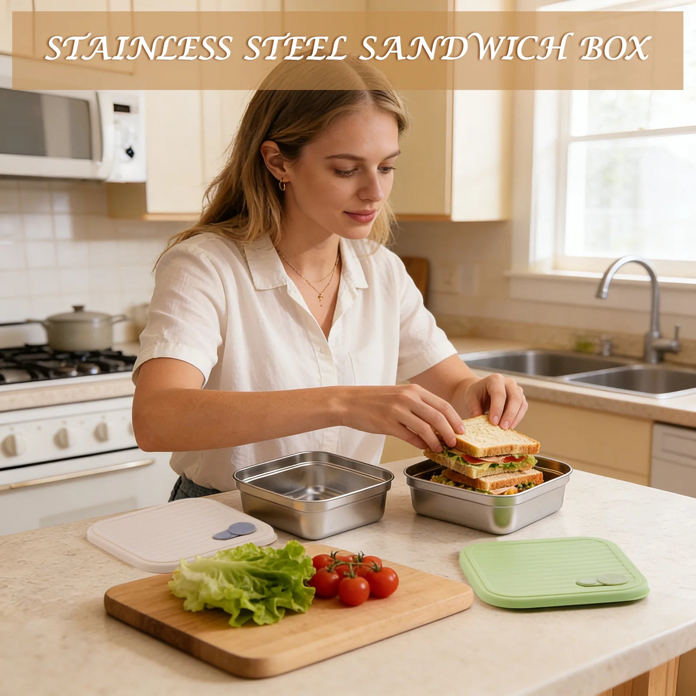 2-Pack Sandwich Containers, 20oz Stainless Steel Sandwich Box with Lids, Reusable Metal Meal Prep Lunch Boxes, BPA-FREE