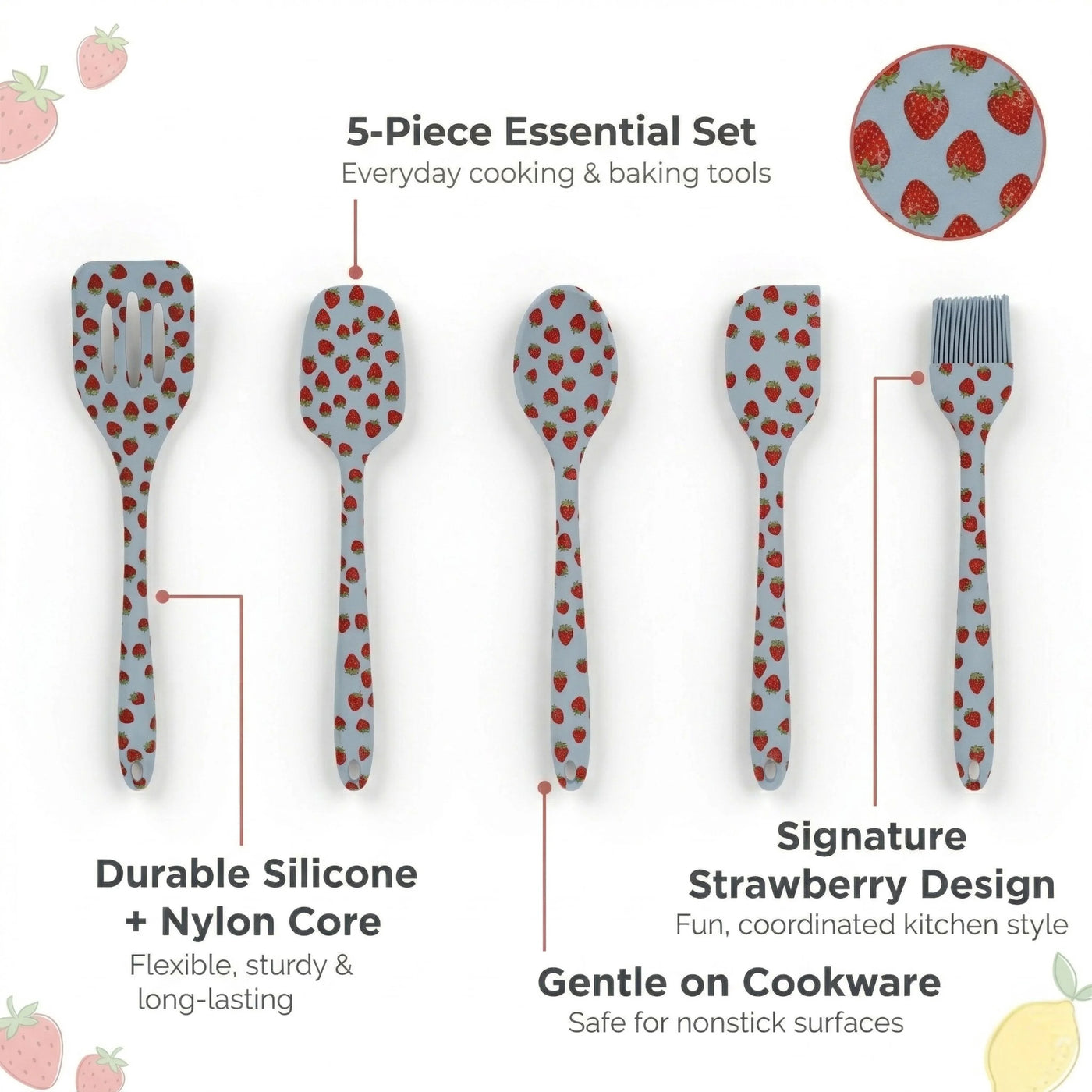 Just Feed Me By Jessie James Decker 5-Piece Silicone Kitchen Gadget Set, Strawberry, for Everyday Home Kitchen Cooking, Storage and Organization