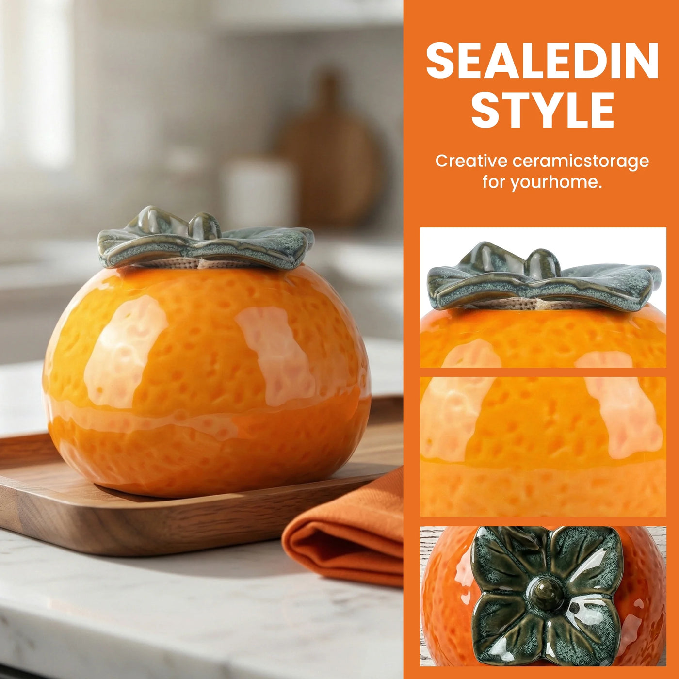 Ceramic Jar with Airtight Lid for Fall Decor Orange Shape 3.3in, for Pantry Organization, Meal Prep and Dry Food Storage