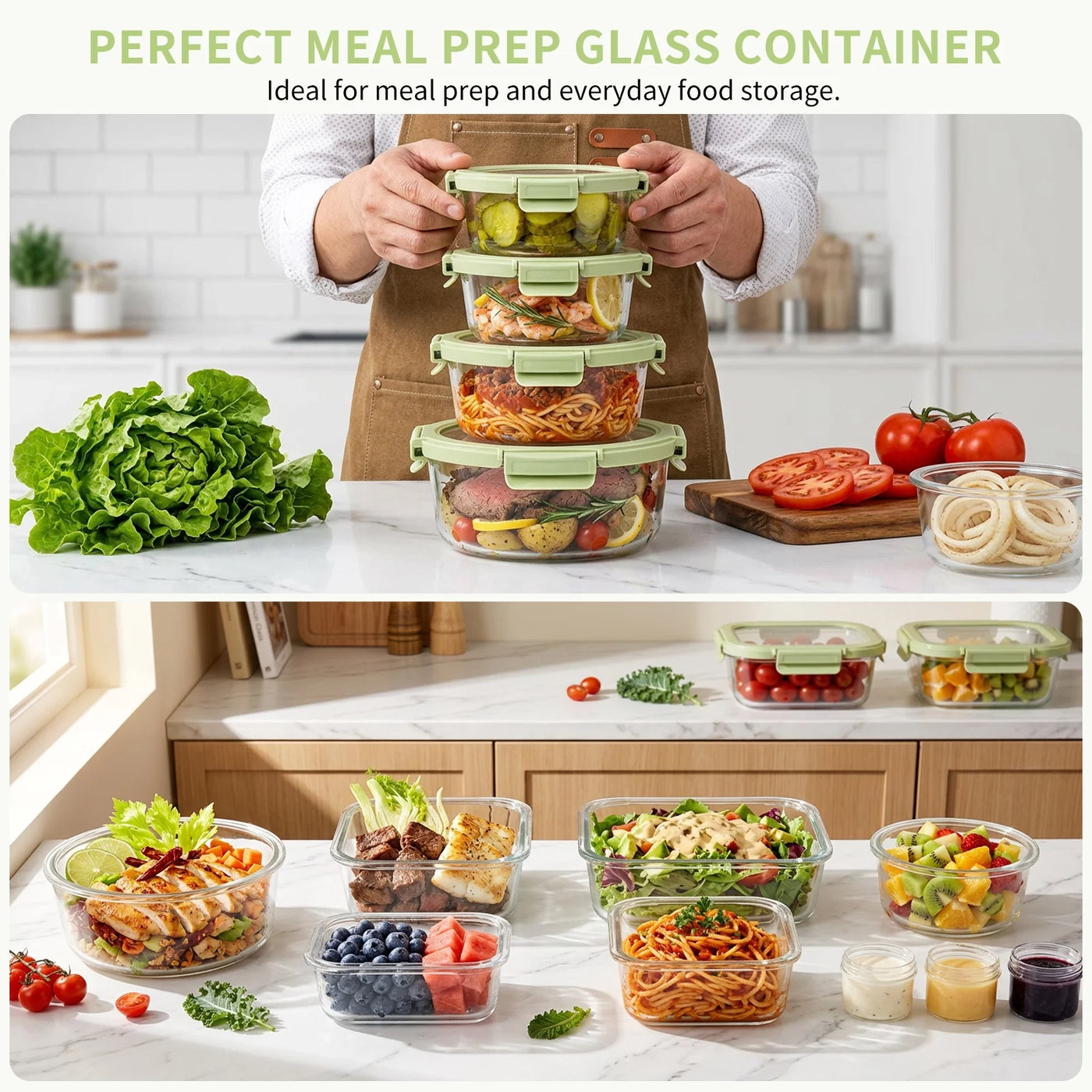 36-Piece Glass Food Storage Containers with Tempered Lids Set, Borosilicate Oven-Safe(-4°F~950°F), Airtight Meal Prep Lunch Box Containers (18