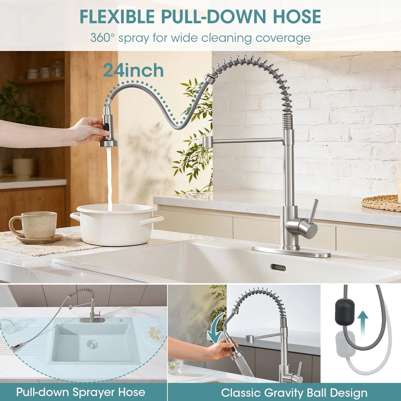 Sanitary Ware 304 Stainless Steel Kitchen Faucet with Pull Out Sprayer, 2 Water Modes Single Handle Kitchen Sink Faucets with Deck Plate for Laundry