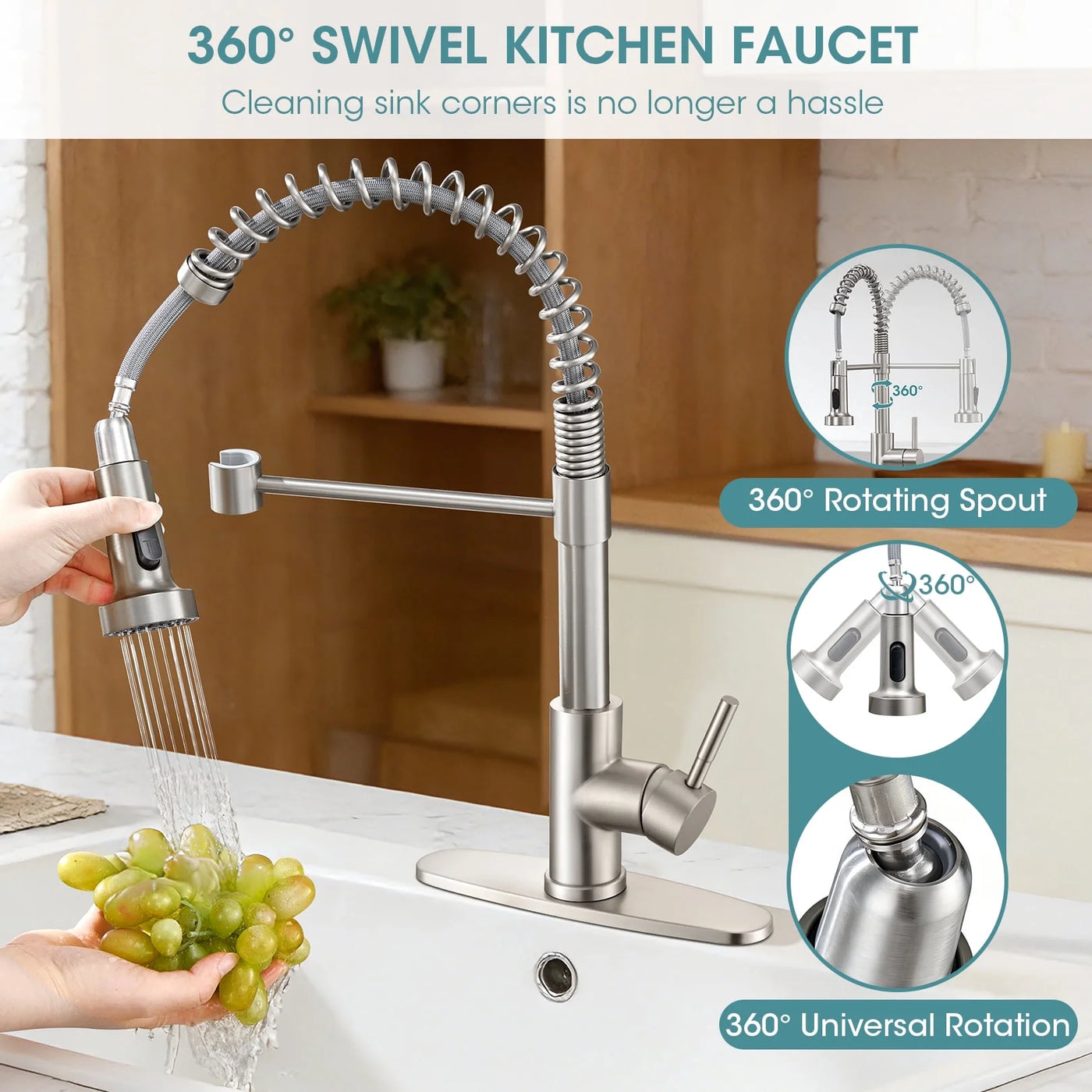 Sanitary Ware 304 Stainless Steel Kitchen Faucet with Pull Out Sprayer, 2 Water Modes Single Handle Kitchen Sink Faucets with Deck Plate for Laundry