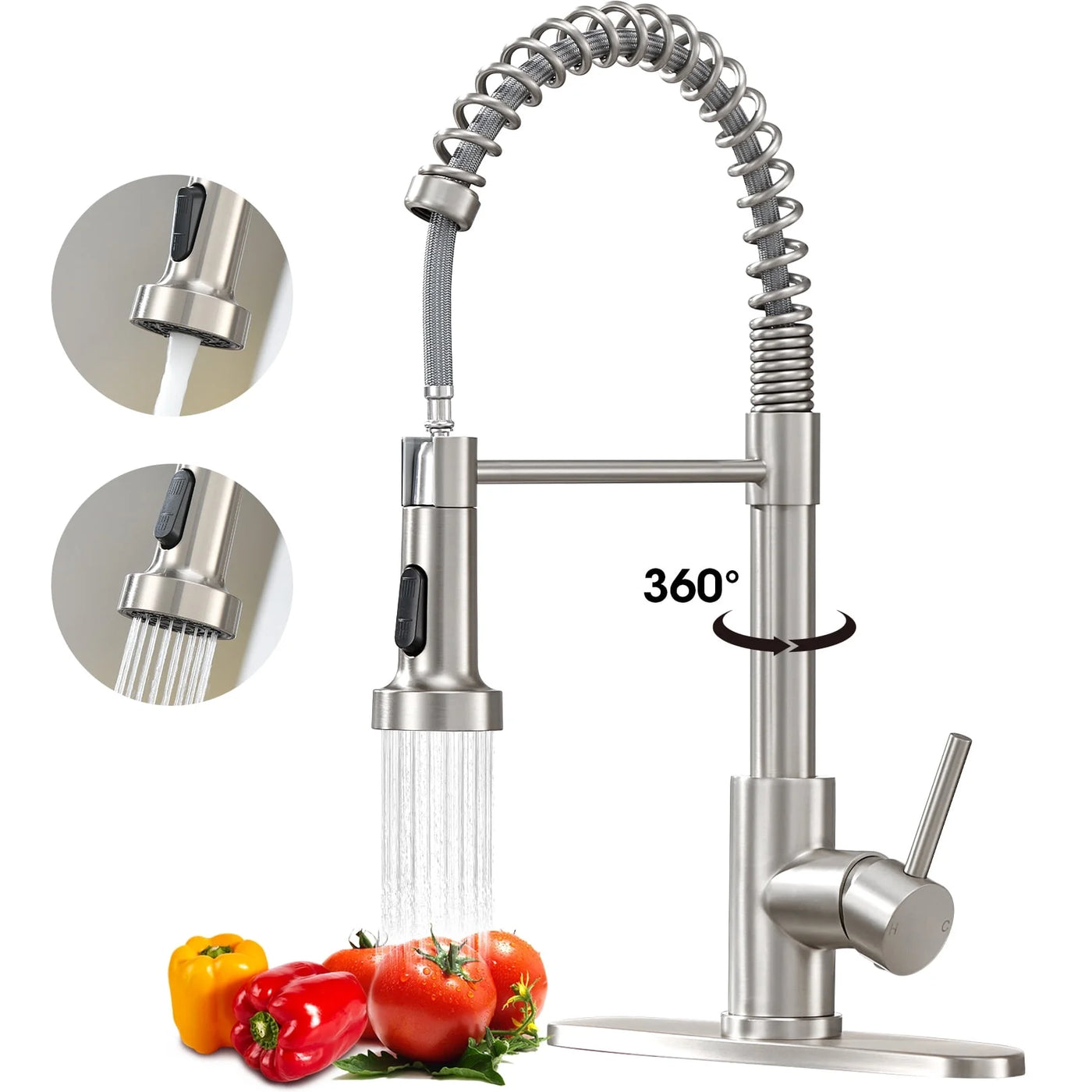 Sanitary Ware 304 Stainless Steel Kitchen Faucet with Pull Out Sprayer, 2 Water Modes Single Handle Kitchen Sink Faucets with Deck Plate for Laundry