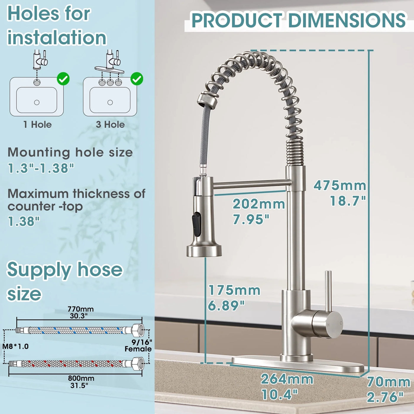 Sanitary Ware 304 Stainless Steel Kitchen Faucet with Pull Out Sprayer, 2 Water Modes Single Handle Kitchen Sink Faucets with Deck Plate for Laundry