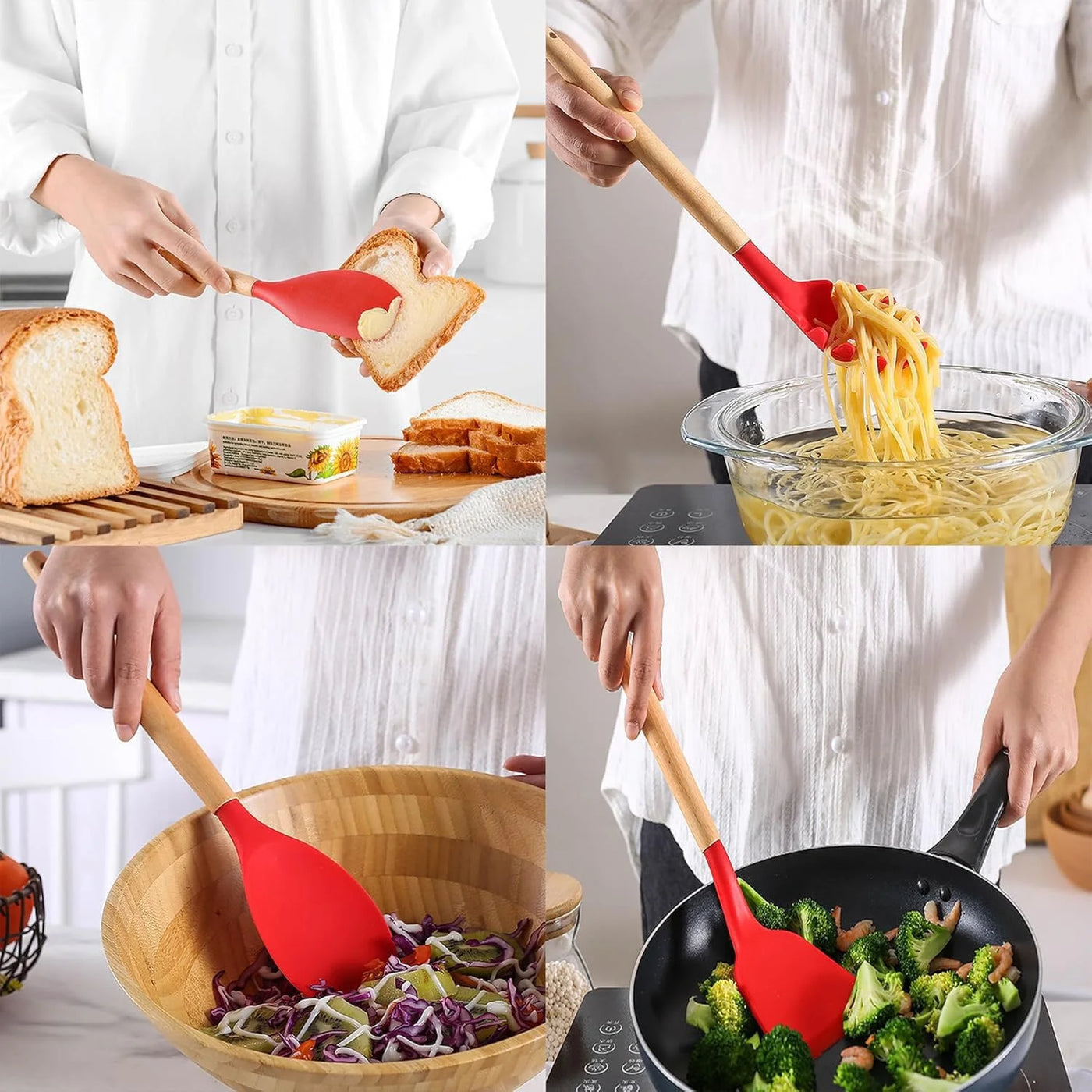 12-Piece Silicone Cooking Utensils Set with Wooden Handles, Heat Resistant Nonstick Kitchen Gadgets, Red