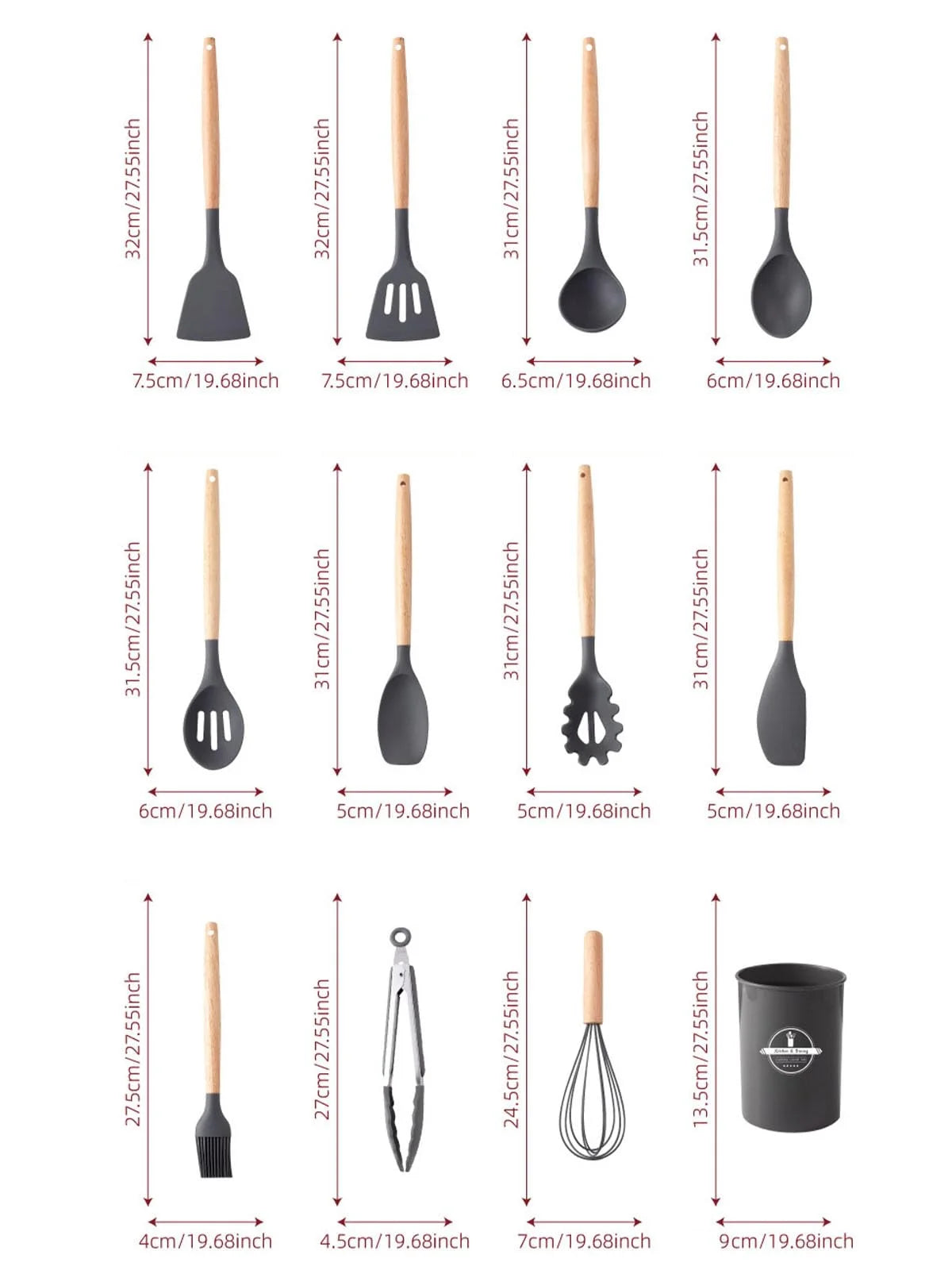 12-Piece Silicone Cooking Utensils Set with Wooden Handles, Heat Resistant Nonstick Kitchen Gadgets, Red