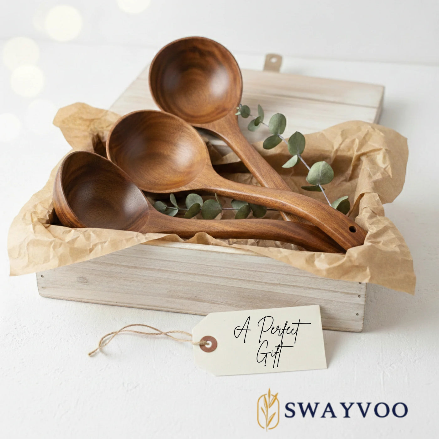 Wooden Ladle Set, Wooden Spoons for Cooking, 3-Piece 100% Natural Teak Soup Ladle and Serving Utensils, Small Medium Large, Heat Resistant