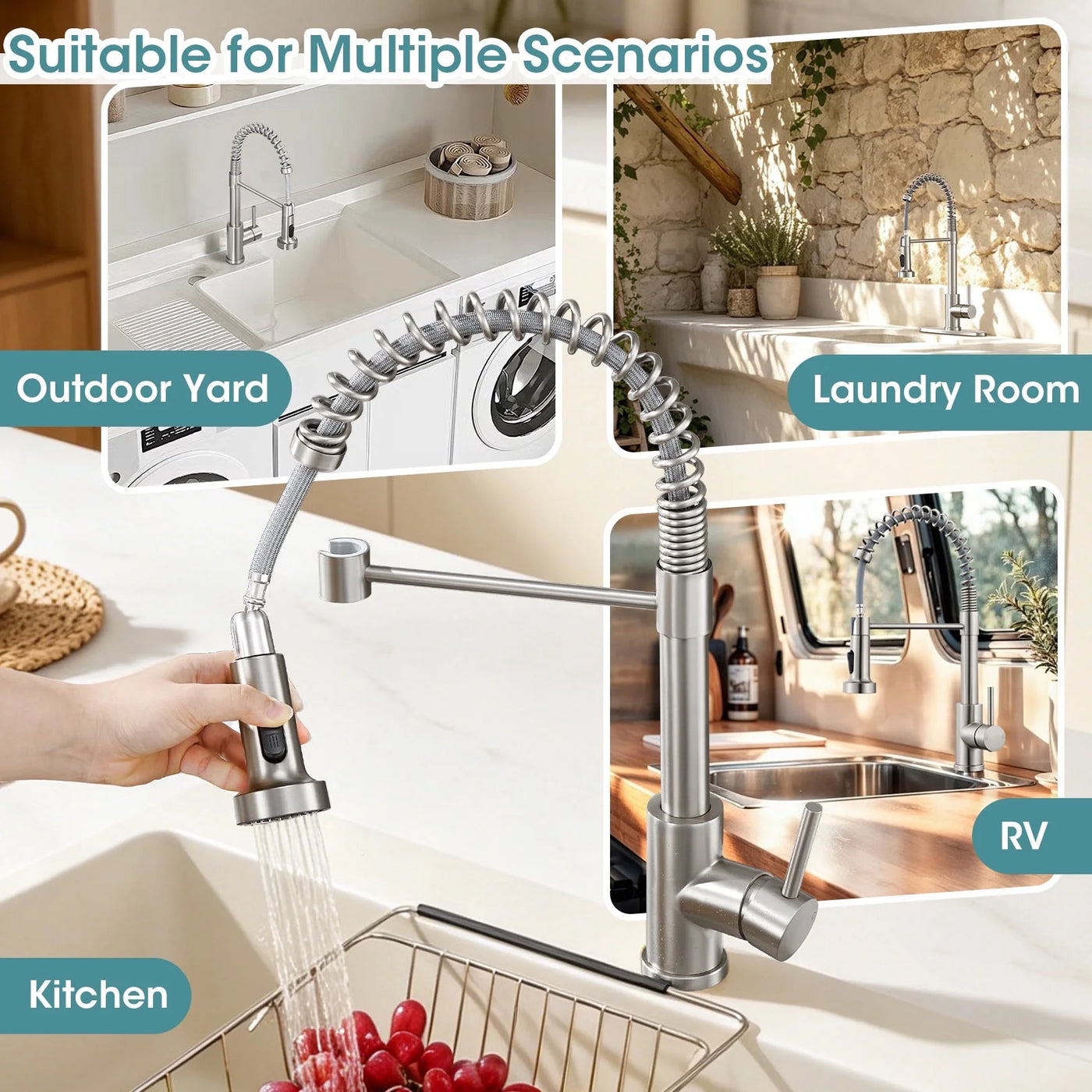 Sanitary Ware 304 Stainless Steel Kitchen Faucet with Pull Out Sprayer, 2 Water Modes Single Handle Kitchen Sink Faucets with Deck Plate for Laundry