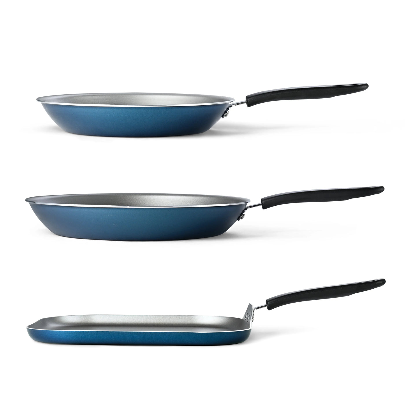 Primaware 3-Piece Nonstick Sauté Pan and Griddle Set, 9.5” and 11” Sauté Pans, and 11” Griddle Blue, for Everyday Home Kitchen Cooking