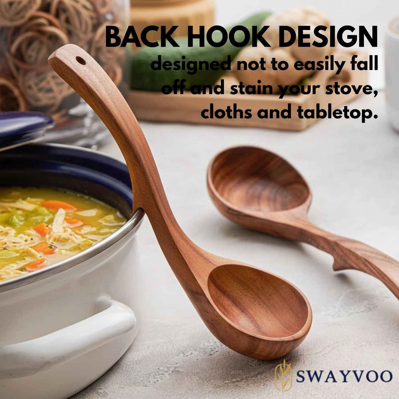 Wooden Ladle Set, Wooden Spoons for Cooking, 3-Piece 100% Natural Teak Soup Ladle and Serving Utensils, Small Medium Large, Heat Resistant