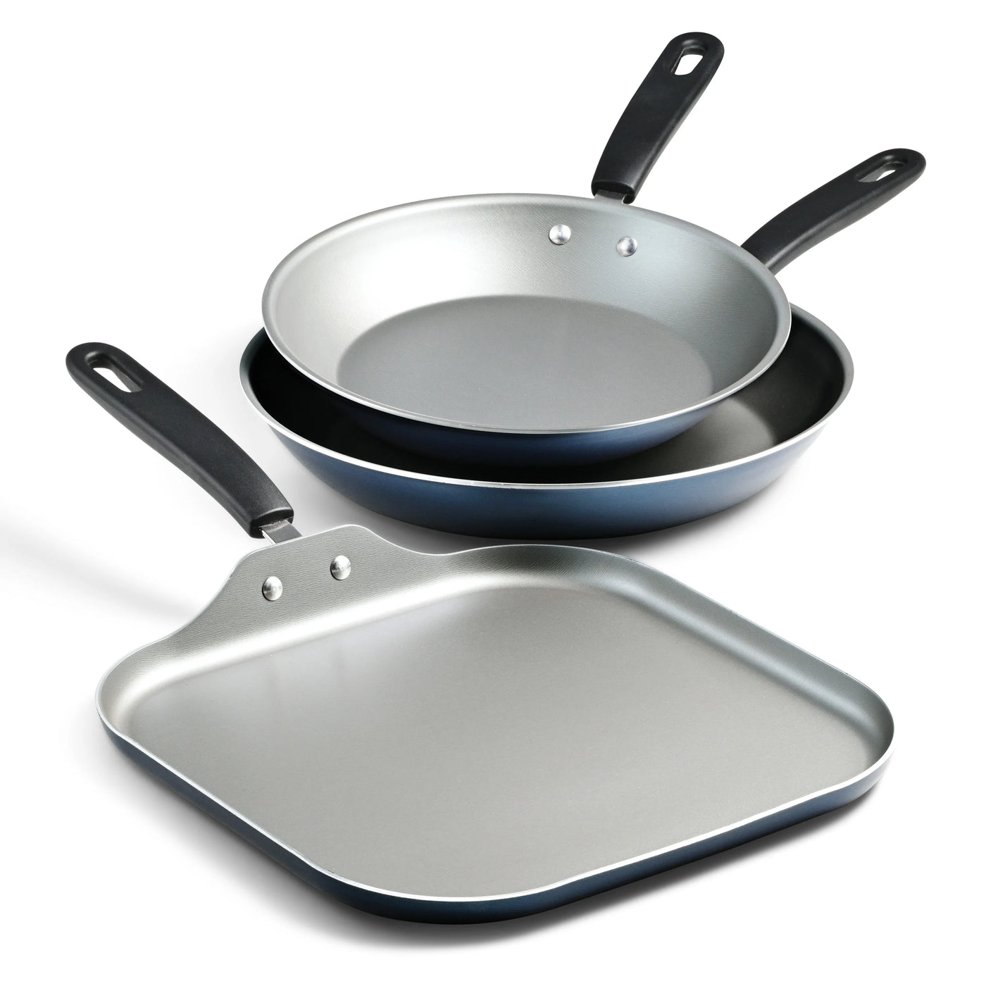 Primaware 3-Piece Nonstick Sauté Pan and Griddle Set, 9.5” and 11” Sauté Pans, and 11” Griddle Blue, for Everyday Home Kitchen Cooking