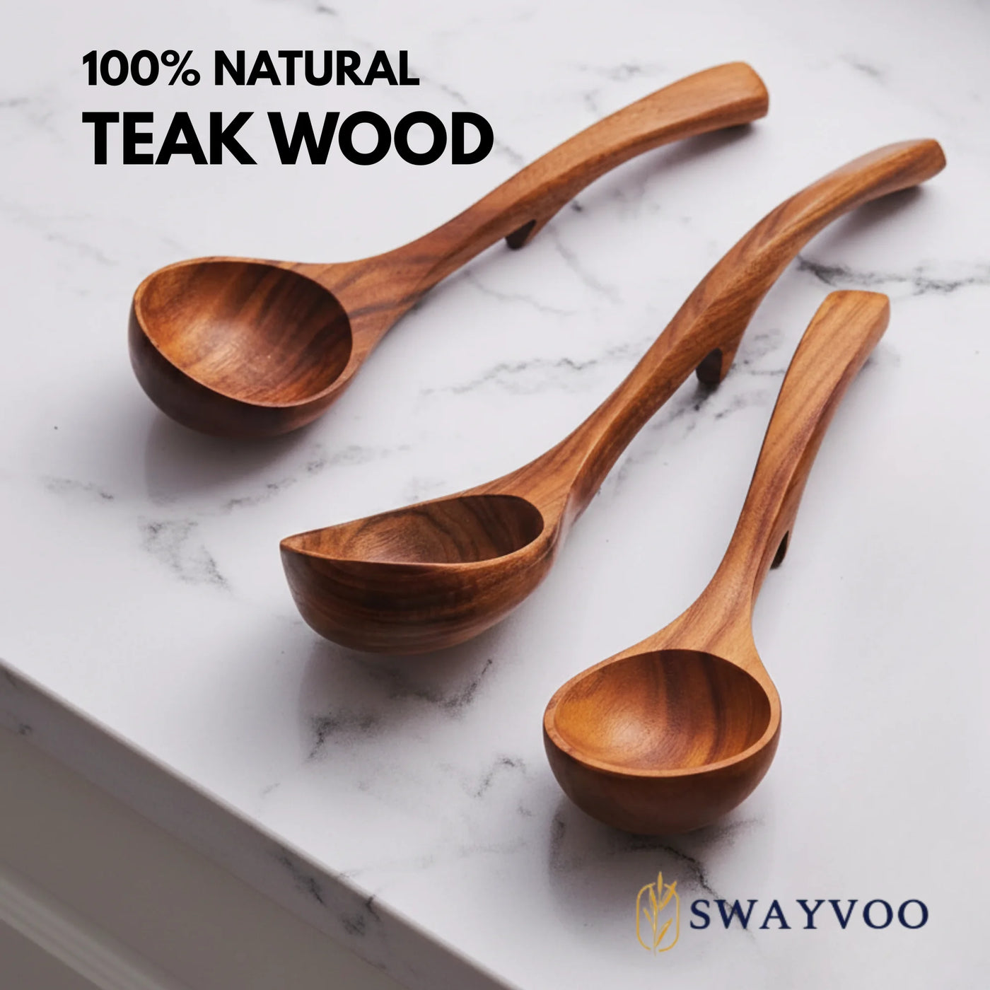 Wooden Ladle Set, Wooden Spoons for Cooking, 3-Piece 100% Natural Teak Soup Ladle and Serving Utensils, Small Medium Large, Heat Resistant