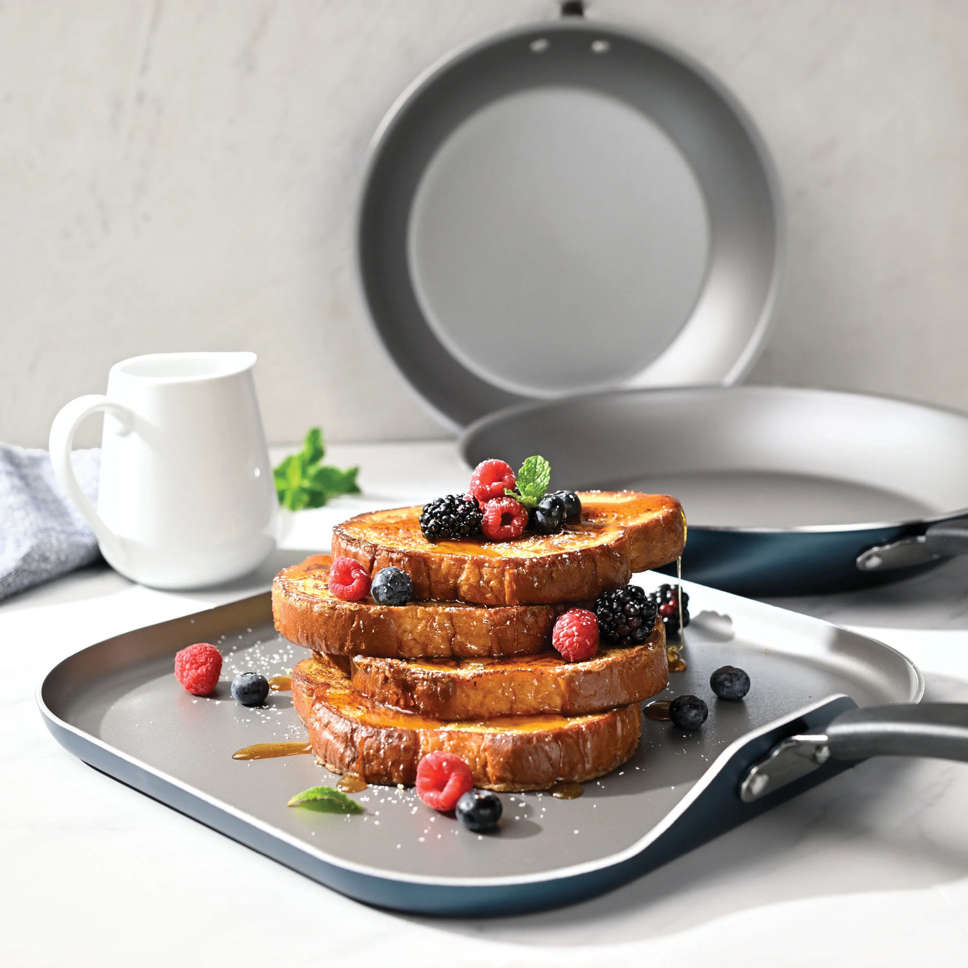 Primaware 3-Piece Nonstick Sauté Pan and Griddle Set, 9.5” and 11” Sauté Pans, and 11” Griddle Blue, for Everyday Home Kitchen Cooking