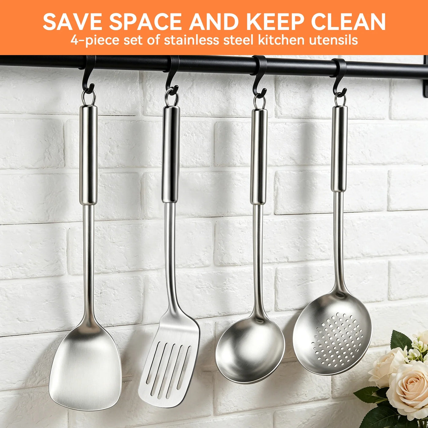 Cooking Utensils Sets, 4-Piece Stainless Steel Kitchen Utensils Kitchen Gadgets Tools Set Include Wok Ladle, Slotted Spoon