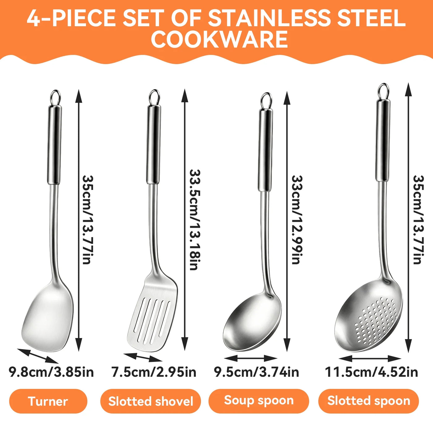 Cooking Utensils Sets, 4-Piece Stainless Steel Kitchen Utensils Kitchen Gadgets Tools Set Include Wok Ladle, Slotted Spoon