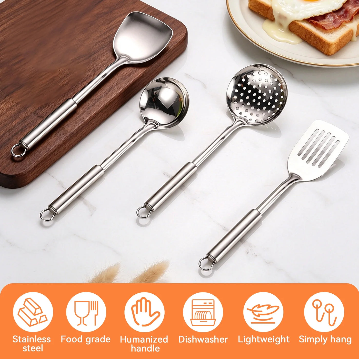 Cooking Utensils Sets, 4-Piece Stainless Steel Kitchen Utensils Kitchen Gadgets Tools Set Include Wok Ladle, Slotted Spoon