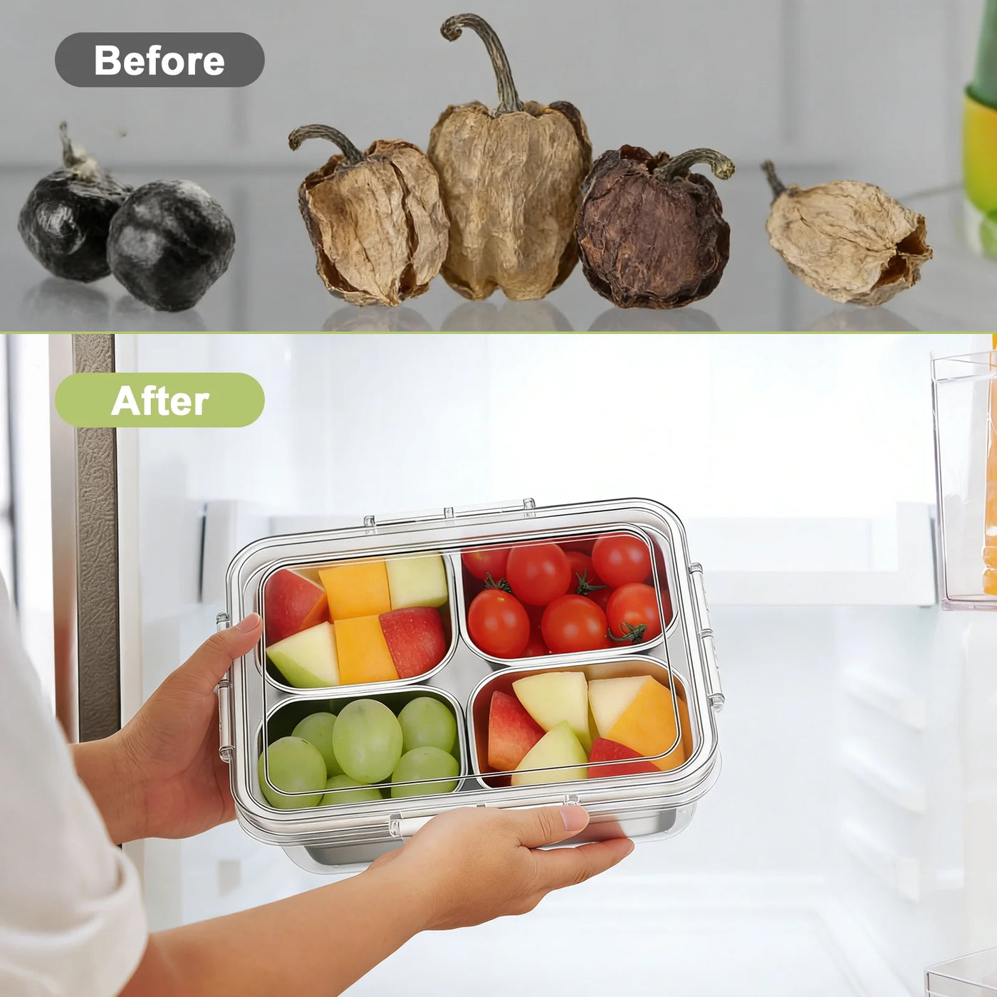 4‑Compartment Stainless Steel Snack Box with Lid, Food‑grade Divided Storage Container for Fruits, Nuts, Spices, and Meal Prep