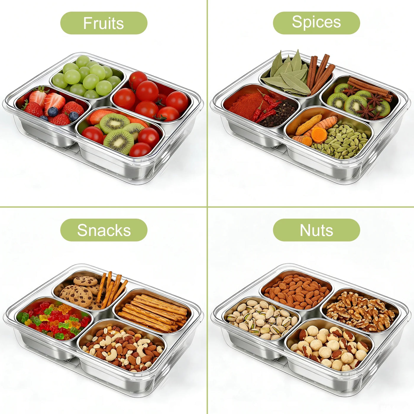 4‑Compartment Stainless Steel Snack Box with Lid, Food‑grade Divided Storage Container for Fruits, Nuts, Spices, and Meal Prep