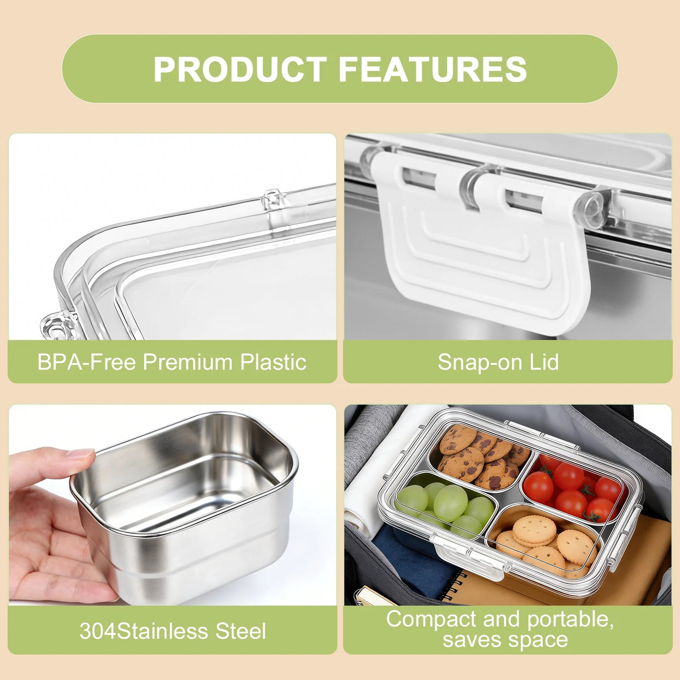 4‑Compartment Stainless Steel Snack Box with Lid, Food‑grade Divided Storage Container for Fruits, Nuts, Spices, and Meal Prep