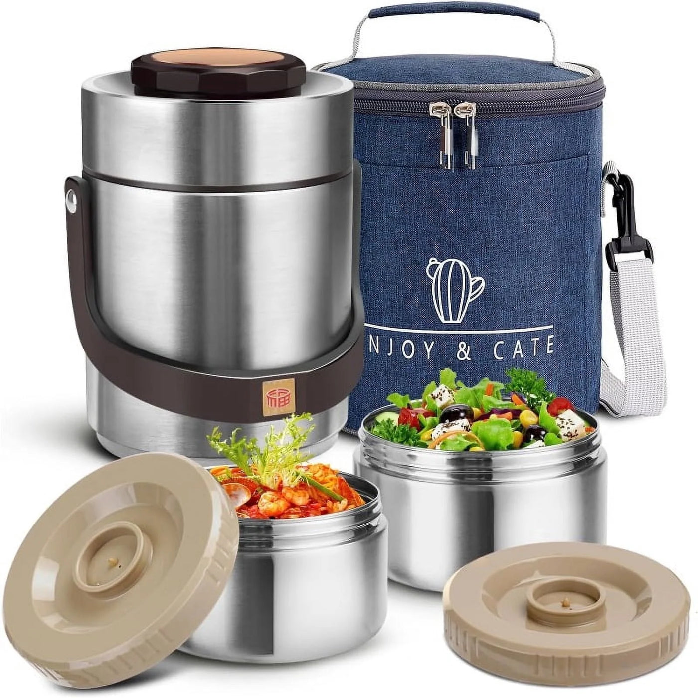 51 Oz Adults Stainless Steel Vacuum Insulated Wide Mouth Soup Food Thermos Hot Food Jar with Keep Thermal Portable 2 Tier Stackable Bento Hot Food