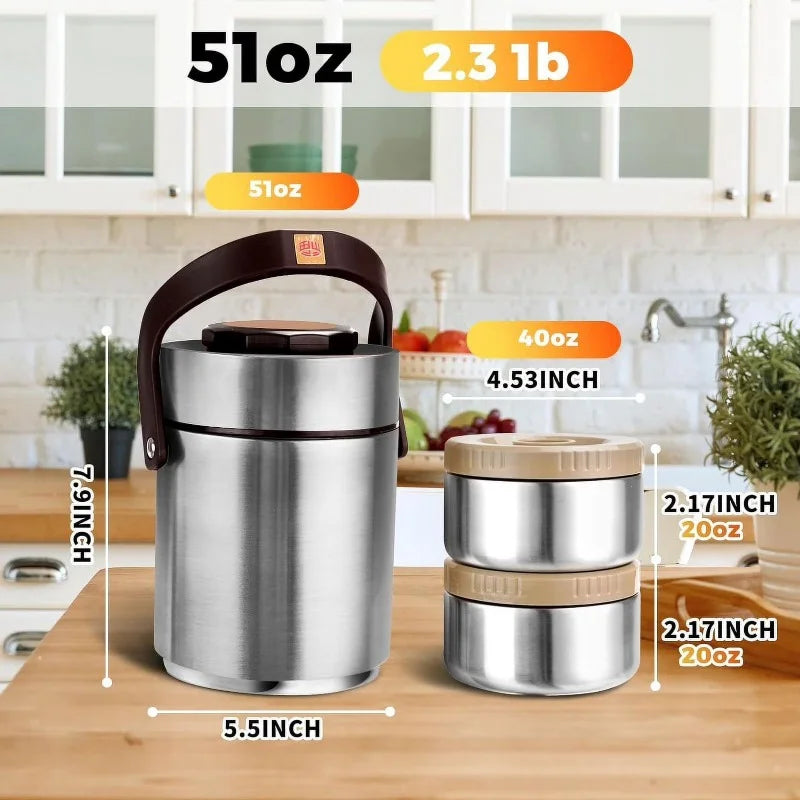 51 Oz Adults Stainless Steel Vacuum Insulated Wide Mouth Soup Food Thermos Hot Food Jar with Keep Thermal Portable 2 Tier Stackable Bento Hot Food