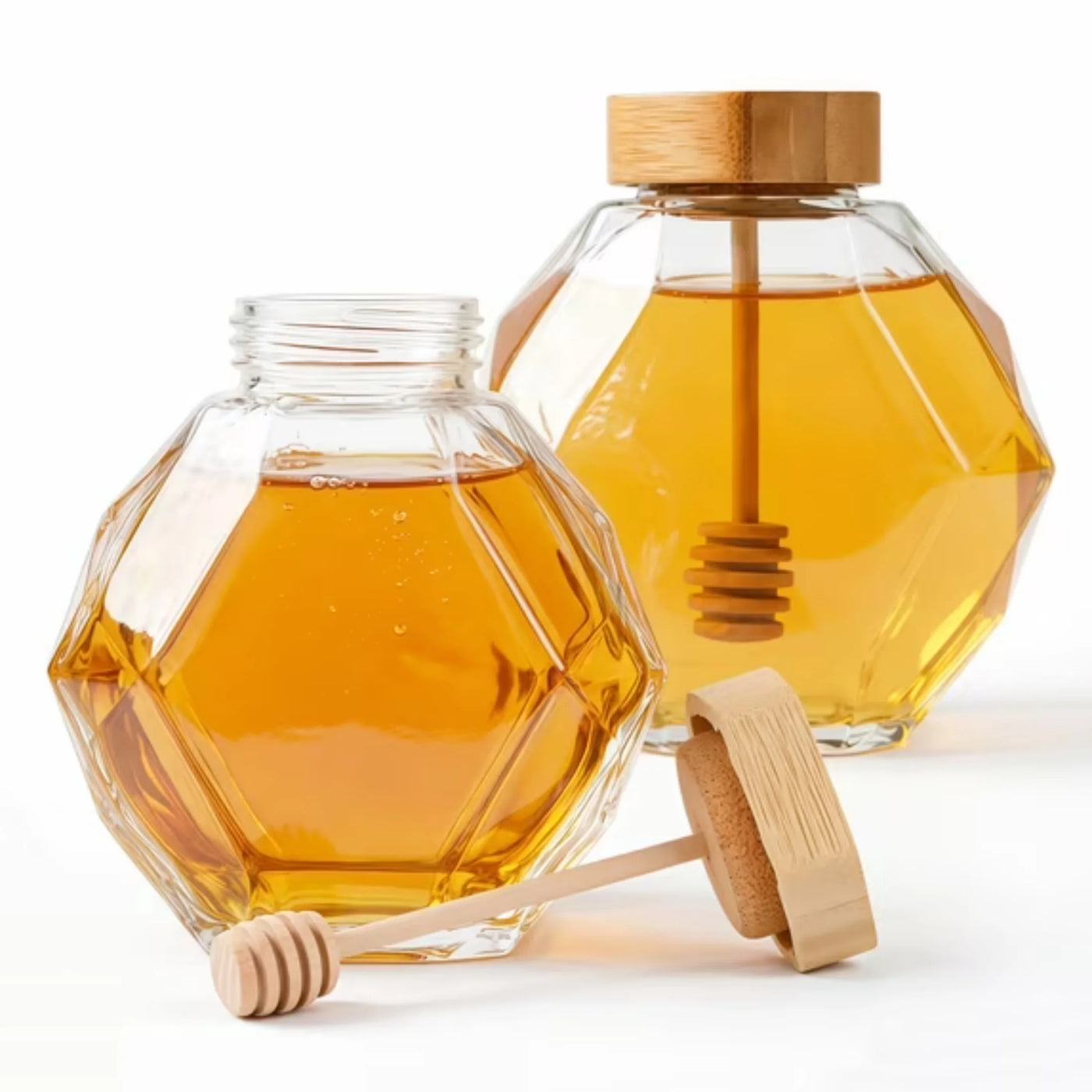 2-Piece Hexagonal Honey Jar Set Clear Glass Jars with Lids, for Pantry Organization, Meal Prep and Dry Food Storage