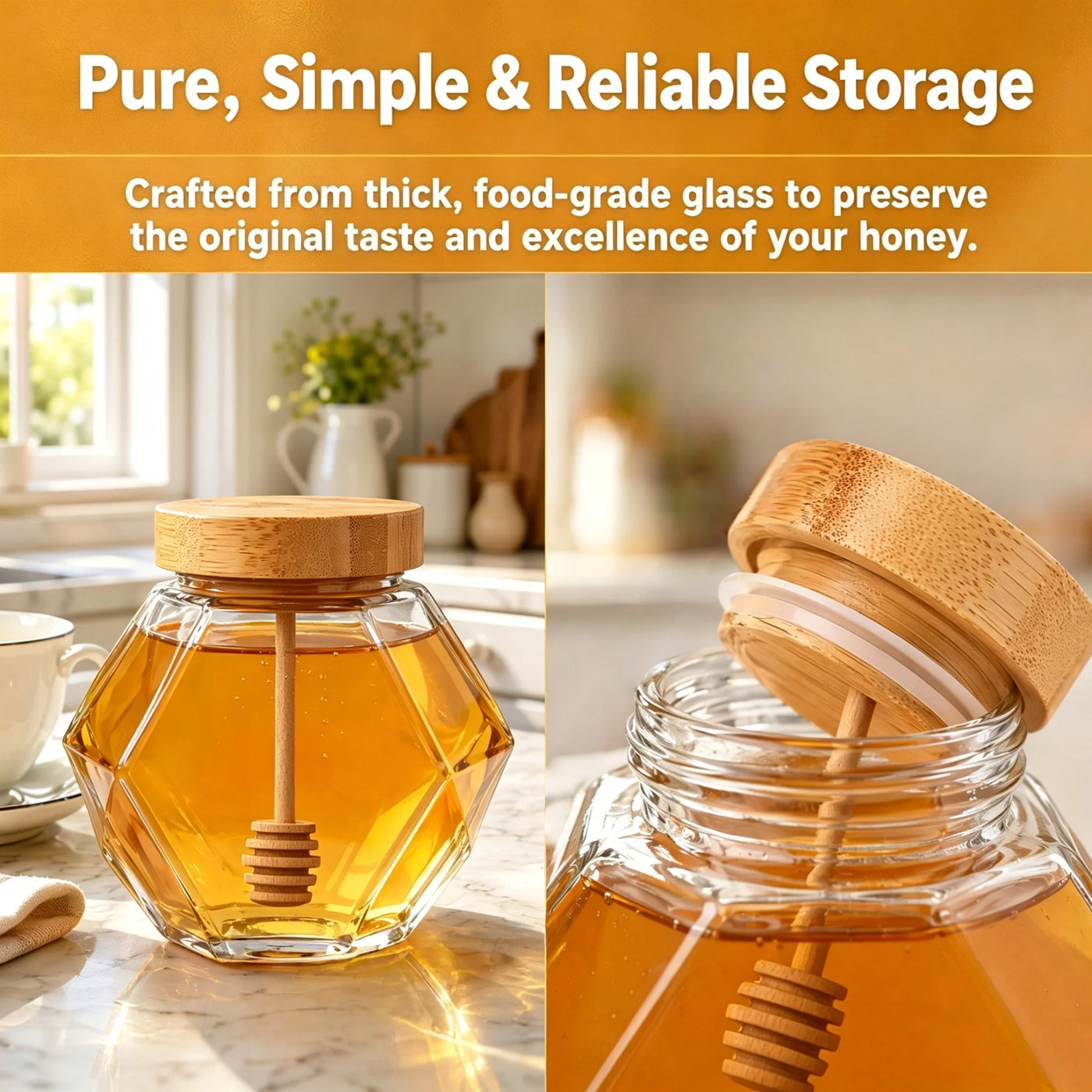 2-Piece Hexagonal Honey Jar Set Clear Glass Jars with Lids, for Pantry Organization, Meal Prep and Dry Food Storage