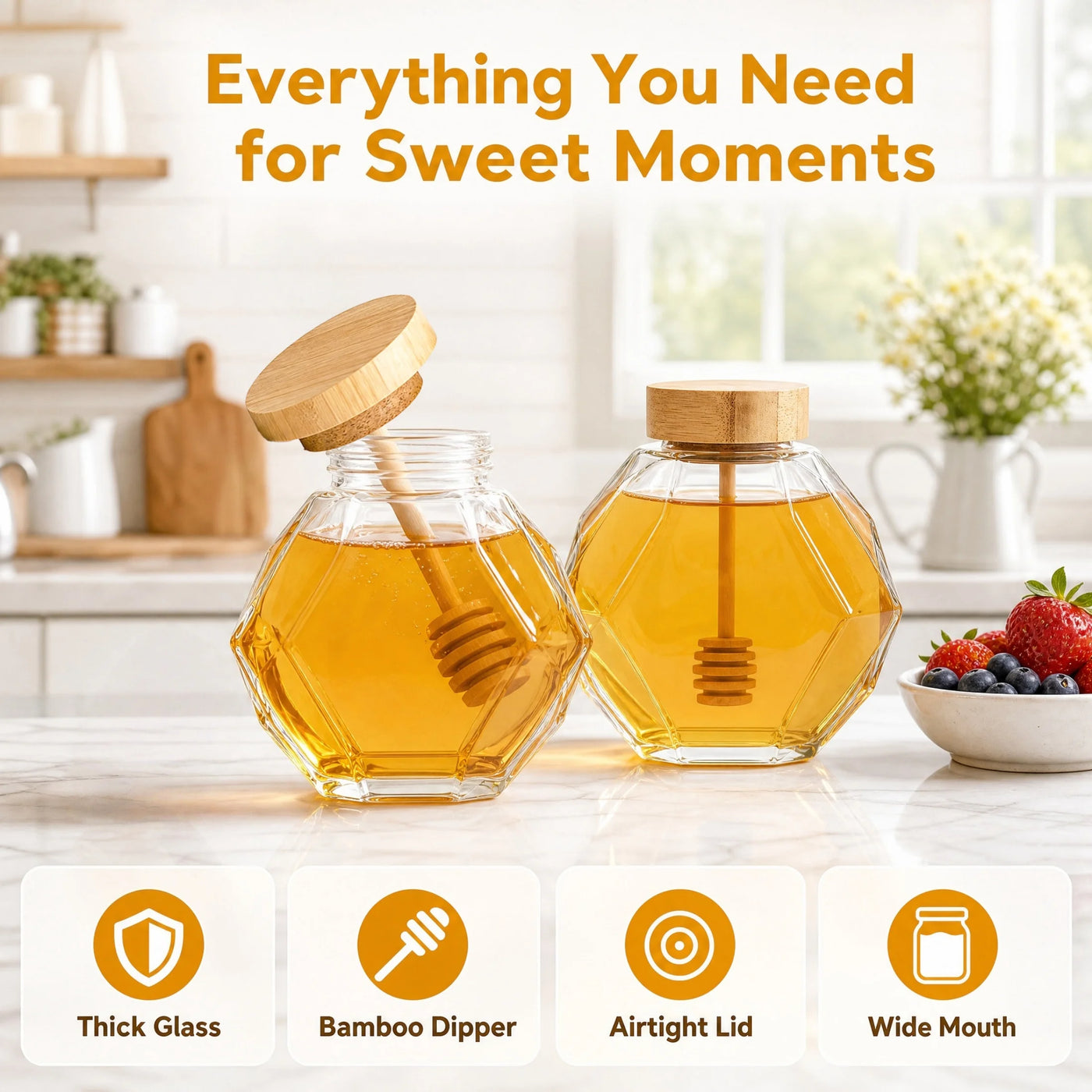 2-Piece Hexagonal Honey Jar Set Clear Glass Jars with Lids, for Pantry Organization, Meal Prep and Dry Food Storage