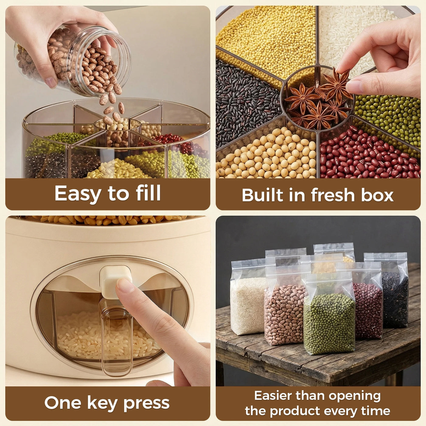 Riousery Rotating Grain and Rice Dispenser (holds 20+ Lbs), 6-Compartment Glass-like Clear Food Storage Container for Pantry Organization