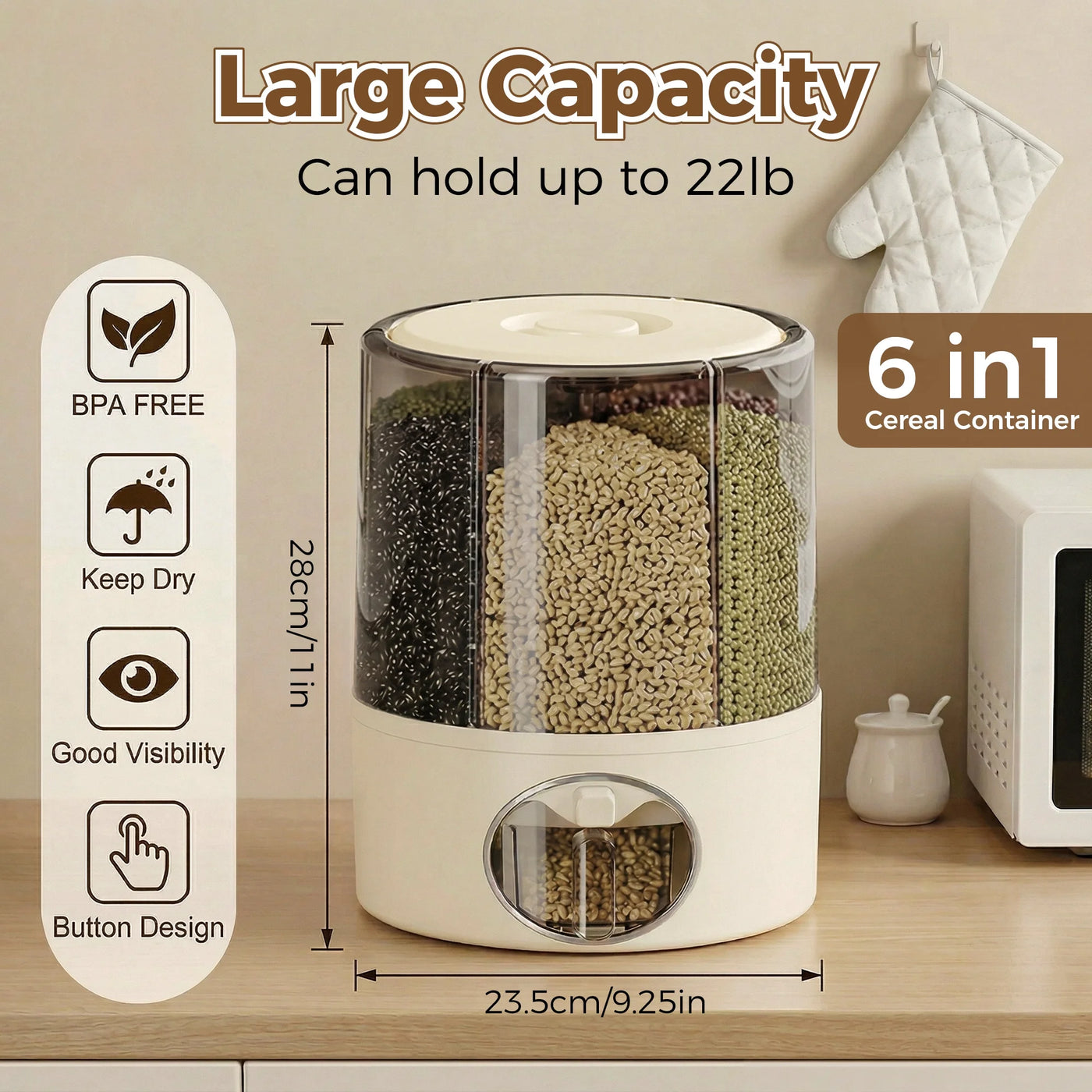 Riousery Rotating Grain and Rice Dispenser (holds 20+ Lbs), 6-Compartment Glass-like Clear Food Storage Container for Pantry Organization