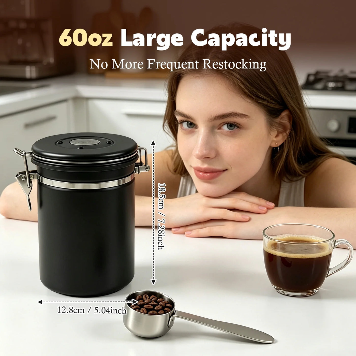 22 Oz Coffee Canister, Stainless Steel Airtight Coffee Bean Storage Grounds Container with Date Tracker and Measuring Scoop
