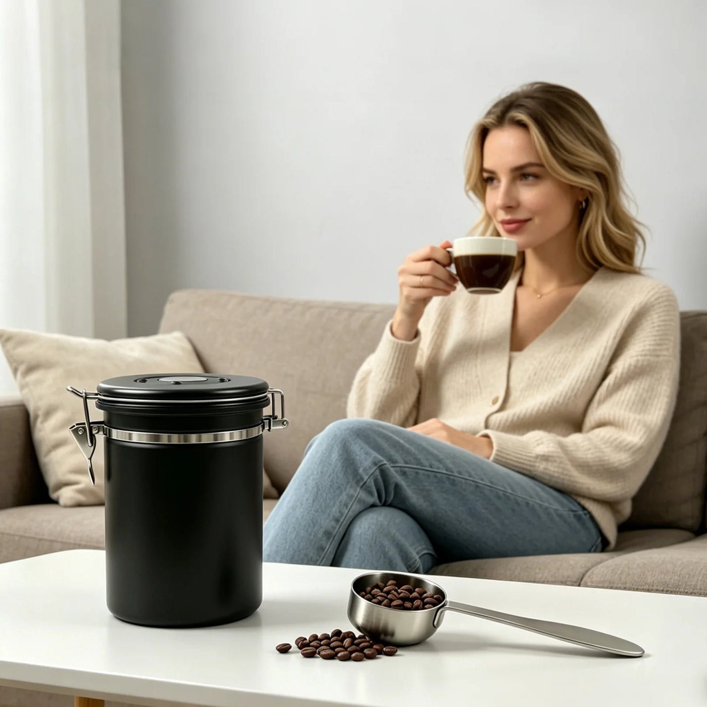 22 Oz Coffee Canister, Stainless Steel Airtight Coffee Bean Storage Grounds Container with Date Tracker and Measuring Scoop