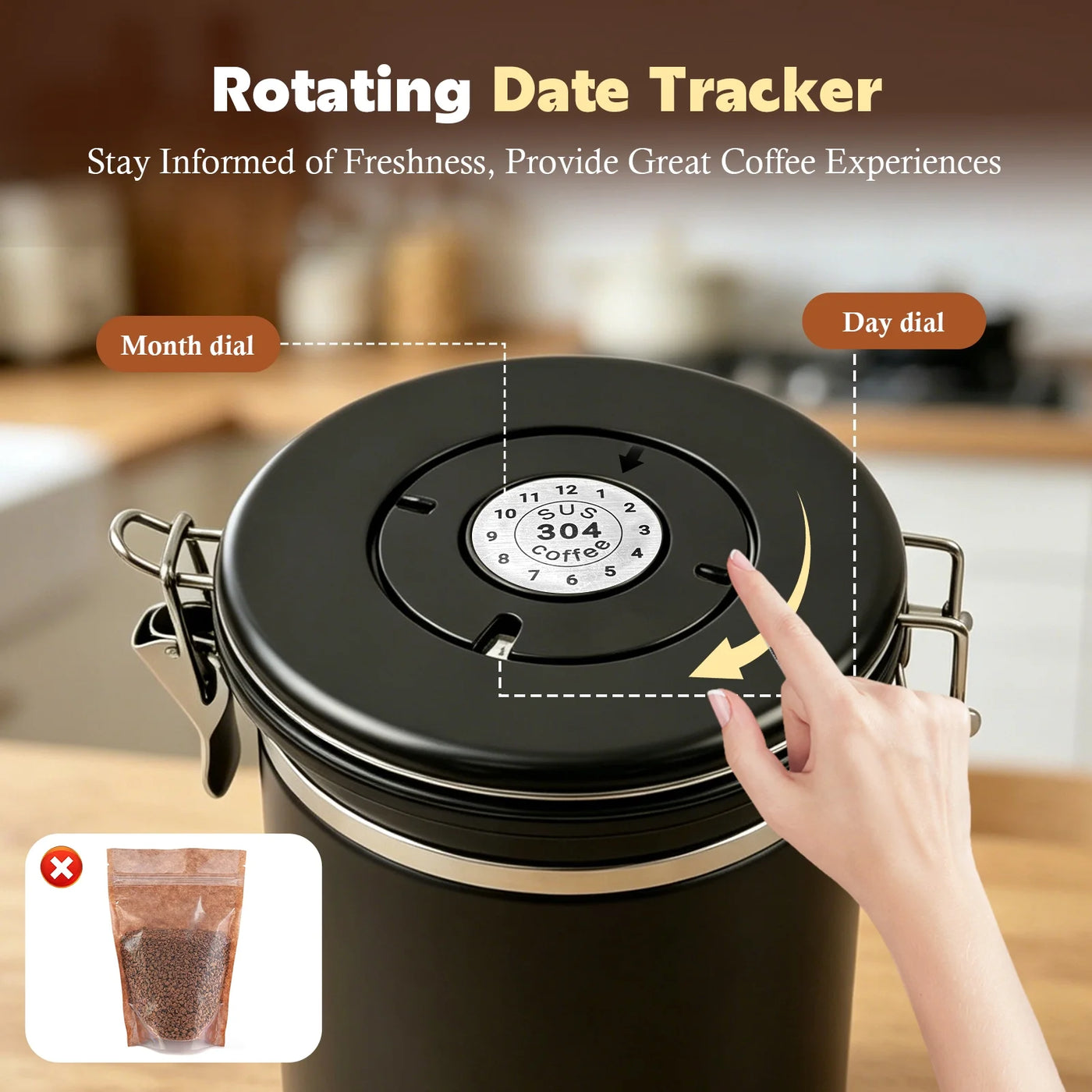 22 Oz Coffee Canister, Stainless Steel Airtight Coffee Bean Storage Grounds Container with Date Tracker and Measuring Scoop